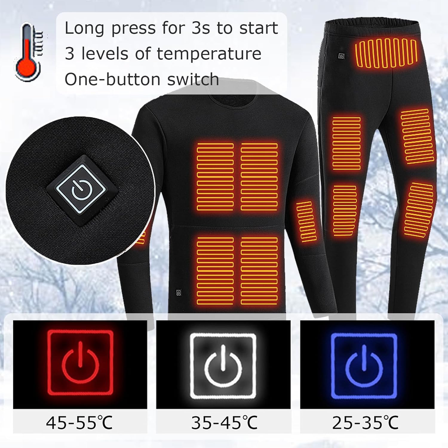 Men's Heated Underwear Outdoor Smart Electric Heating Thermal Baselayer Shirt and Bottoms for Hunting Riding Fishing