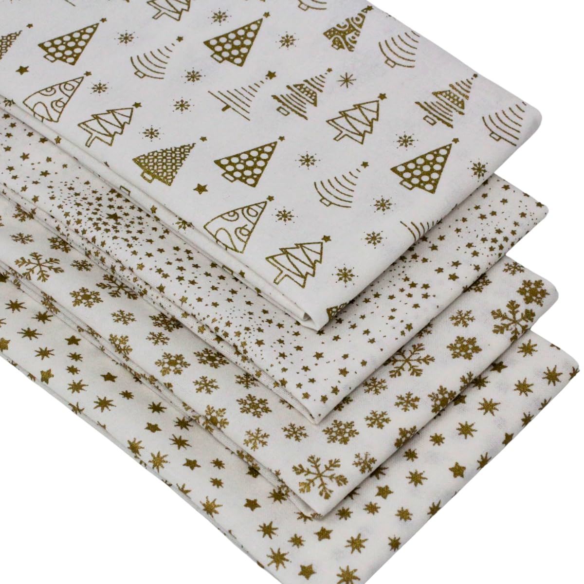 4 Fat Quarters Bundle - 'Golden Christmas' Festive Fabrics in Ivory and Gold. 100% Cotton Ideal for Xmas Quilting, Patchwork & Crafting (Includes Free Patchwork Pattern by Overdale Fabrics)