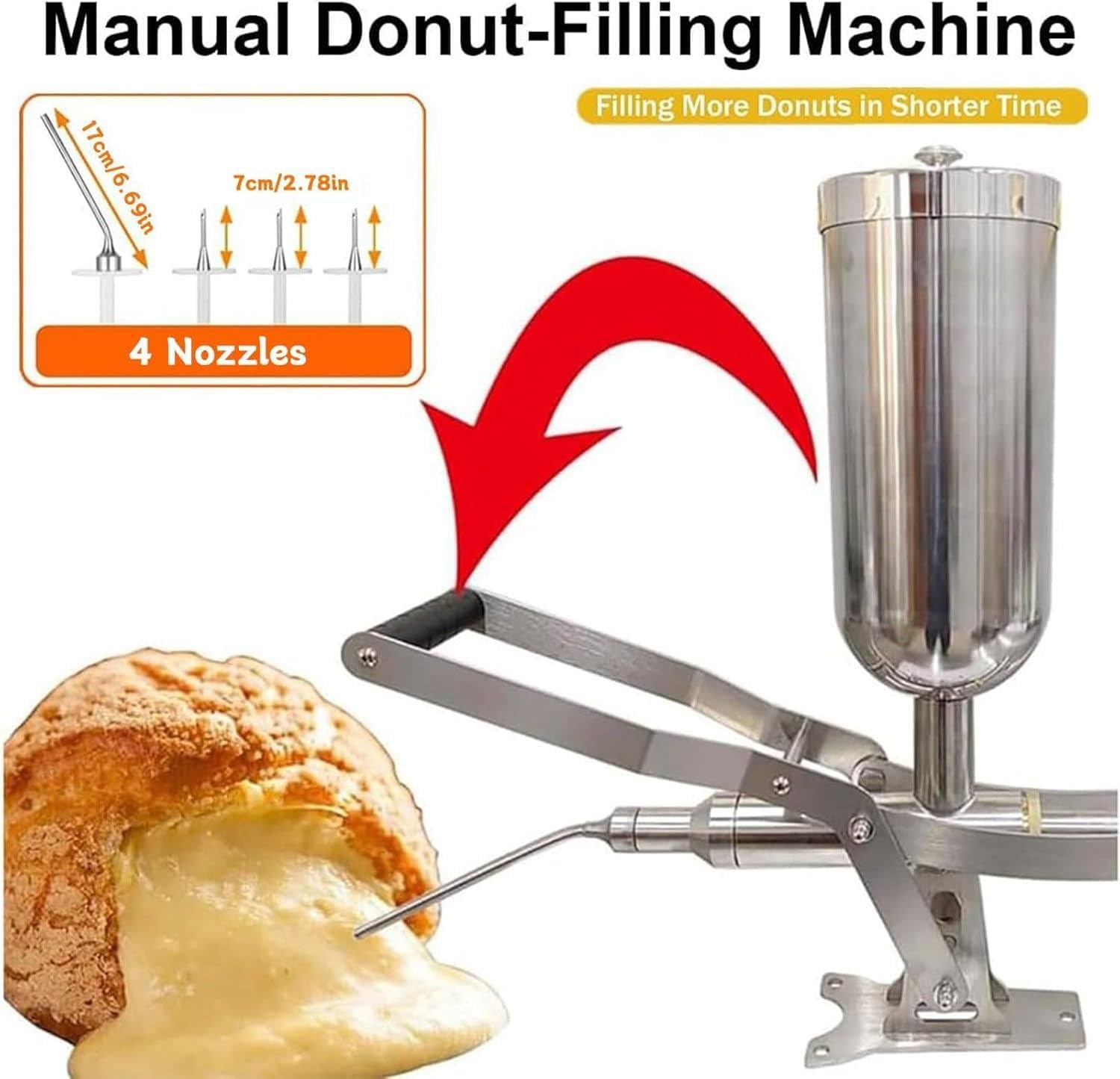 Máquina de llenado manual de crema con boquillas antigoteo para donas y churros, ideal para panaderías domésticas y comerciales