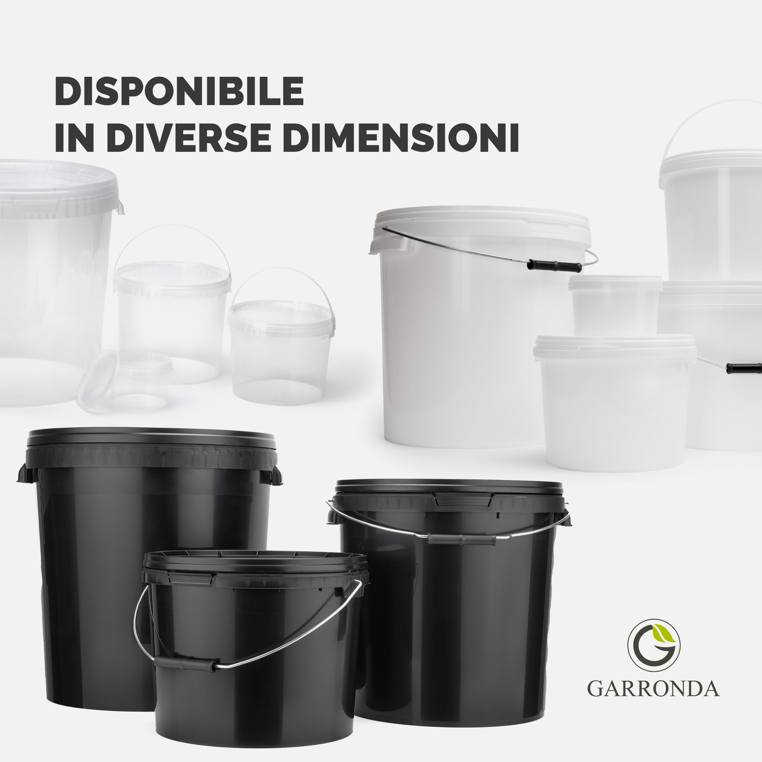 Garronda Secchio di plastica con Coperchio 20 L per la conservazione di Prodotti Alimentari e chimici Contenitore Plastica con Coperchio GD-0116 Nero 5 Pezzi