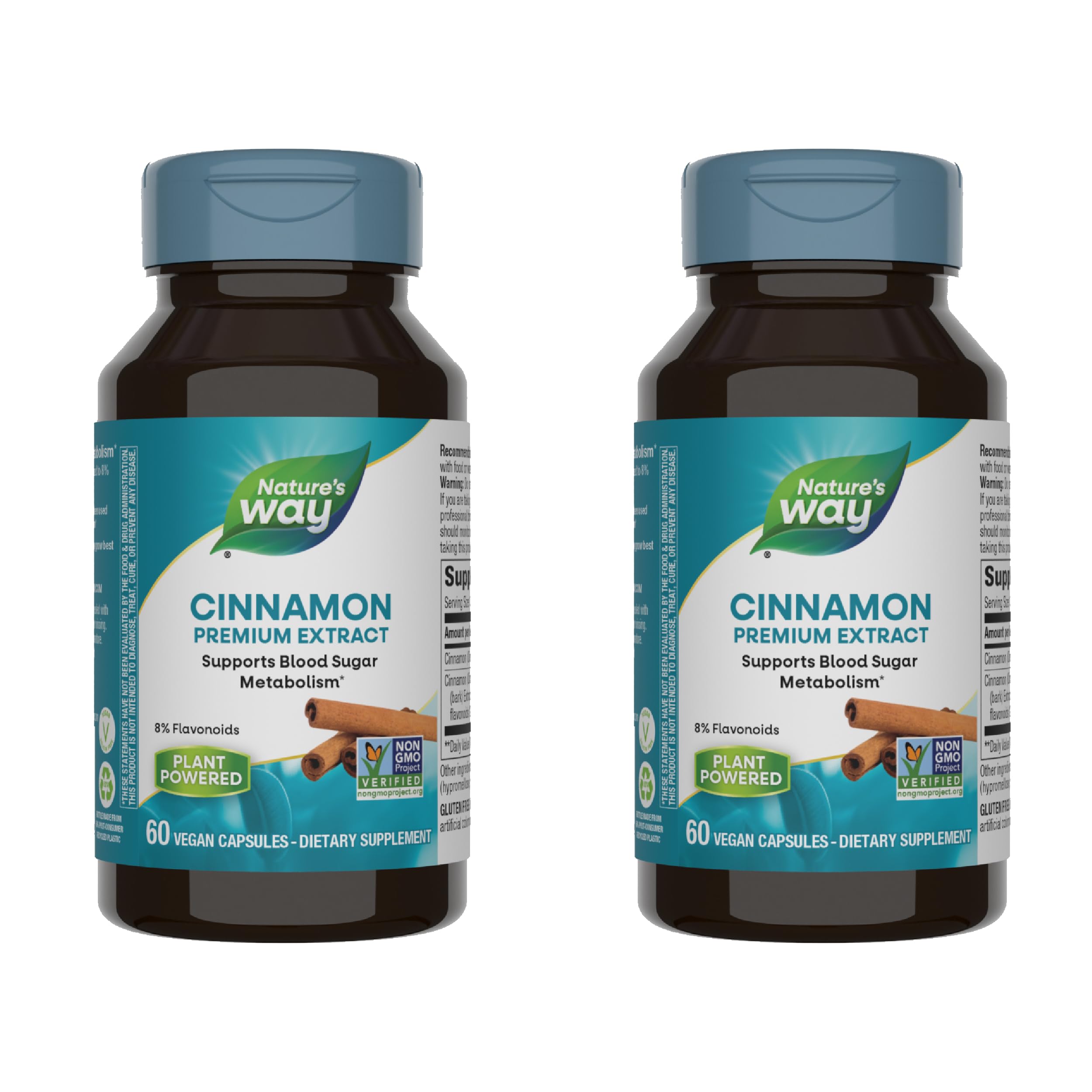 Nature's Way Cinnamon Premium Extract, Supports Carbohydrate Metabolism*, Non-GMO Project Verified, Standardized to 8% Flavonoids, 60 Vegan Capsules (Packaging May Vary) - 2 Pack