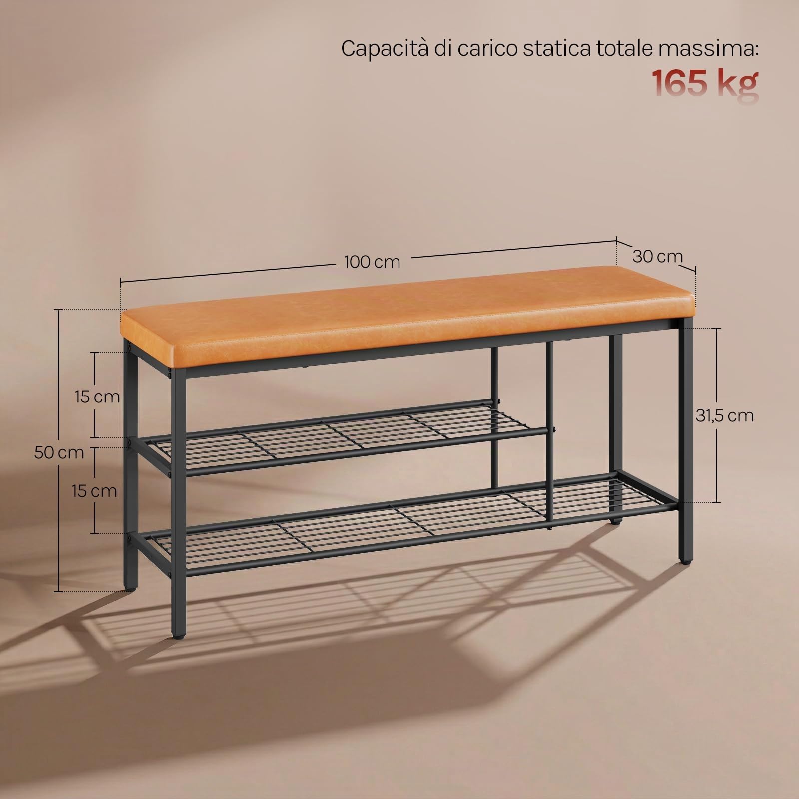 WOLTU Panca Scarpiera da Ingresso con 2 Ripiani, Portascarpe Salvaspazio, Struttura Metallica, Cuscino con Rivestimento in Pelle Sintetica, per Corridoio, Soggiorno, 100x30x50 cm, Marrone