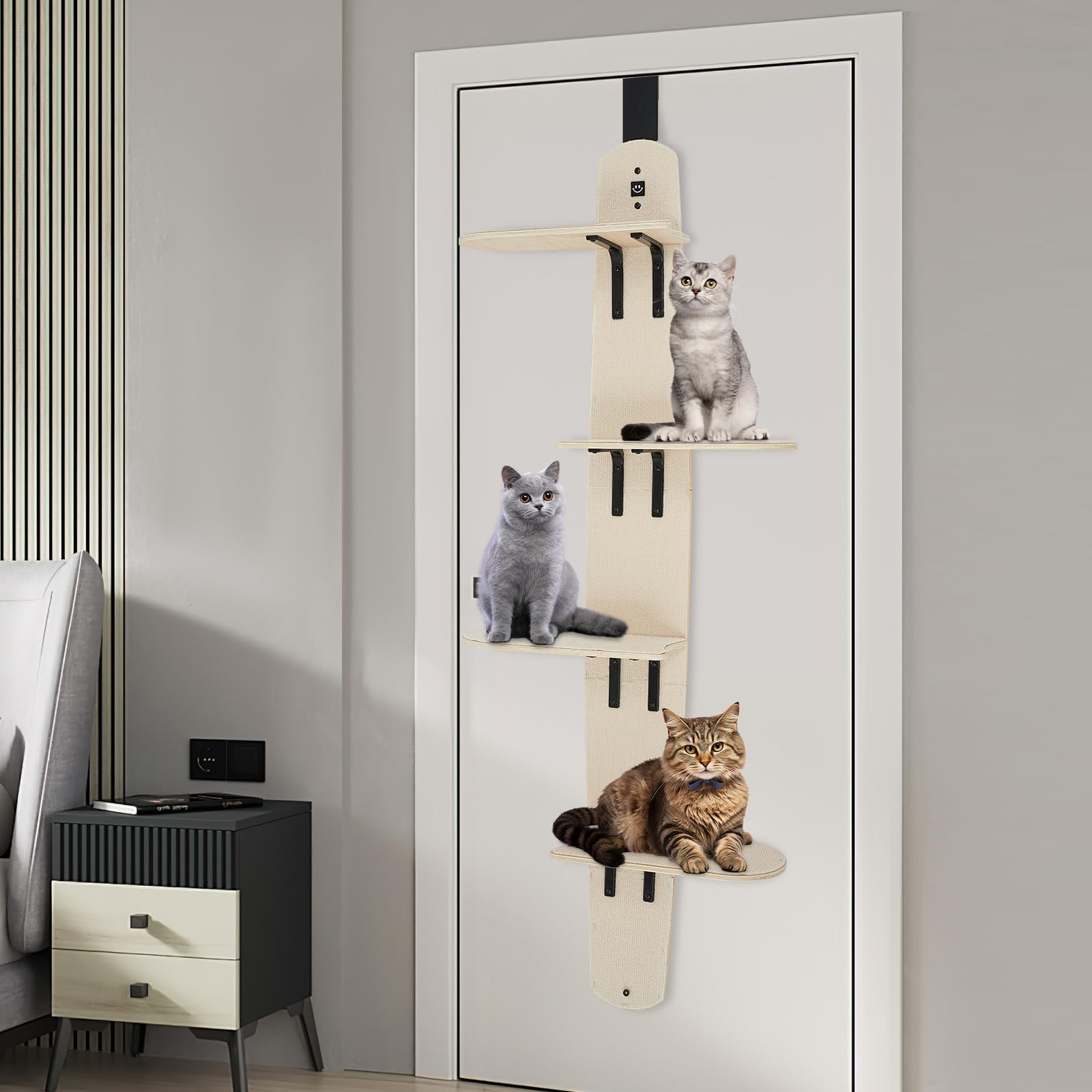 Rascador para puerta de gato de 4 niveles, 170,9 cm, madera y crema | El montaje en puerta ahorra espacio en el suelo y crea lugares de escalada y descanso para gatos.
