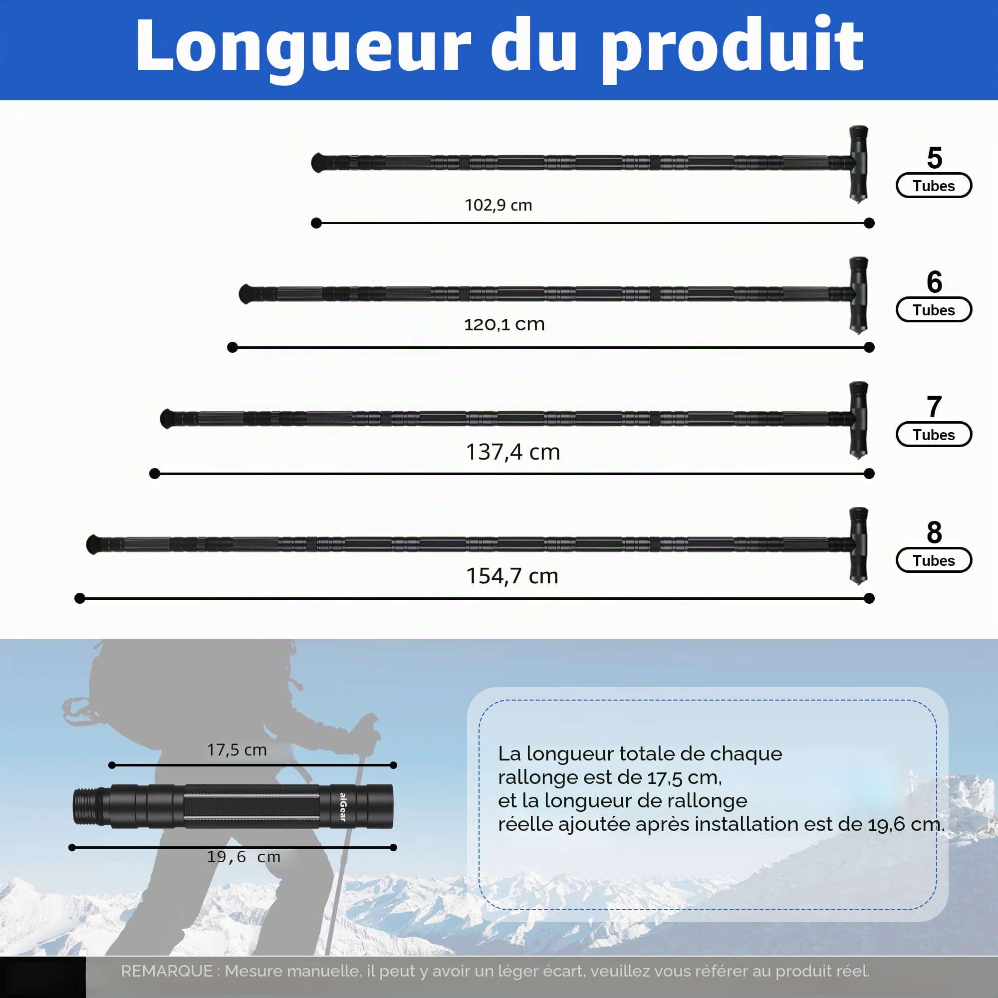 aiGear 6/7/8 Tubes Baton de Marche Pliable Aluminium| Include 3 Utensili Multifunzione e Una Custodia | Antichoc Antiderapant Canne de Marche | Réglable en Hauteur pour Randonnée Camping