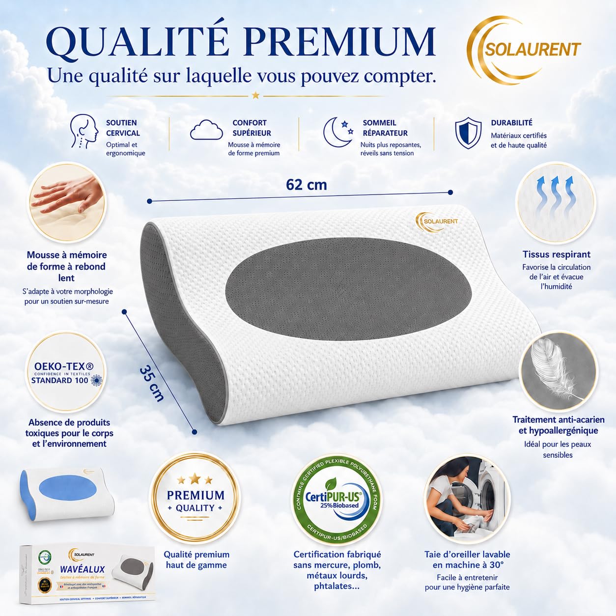 Wavéalux® Oreiller Ergonomique Cervical 3 en1 - Toutes Positions