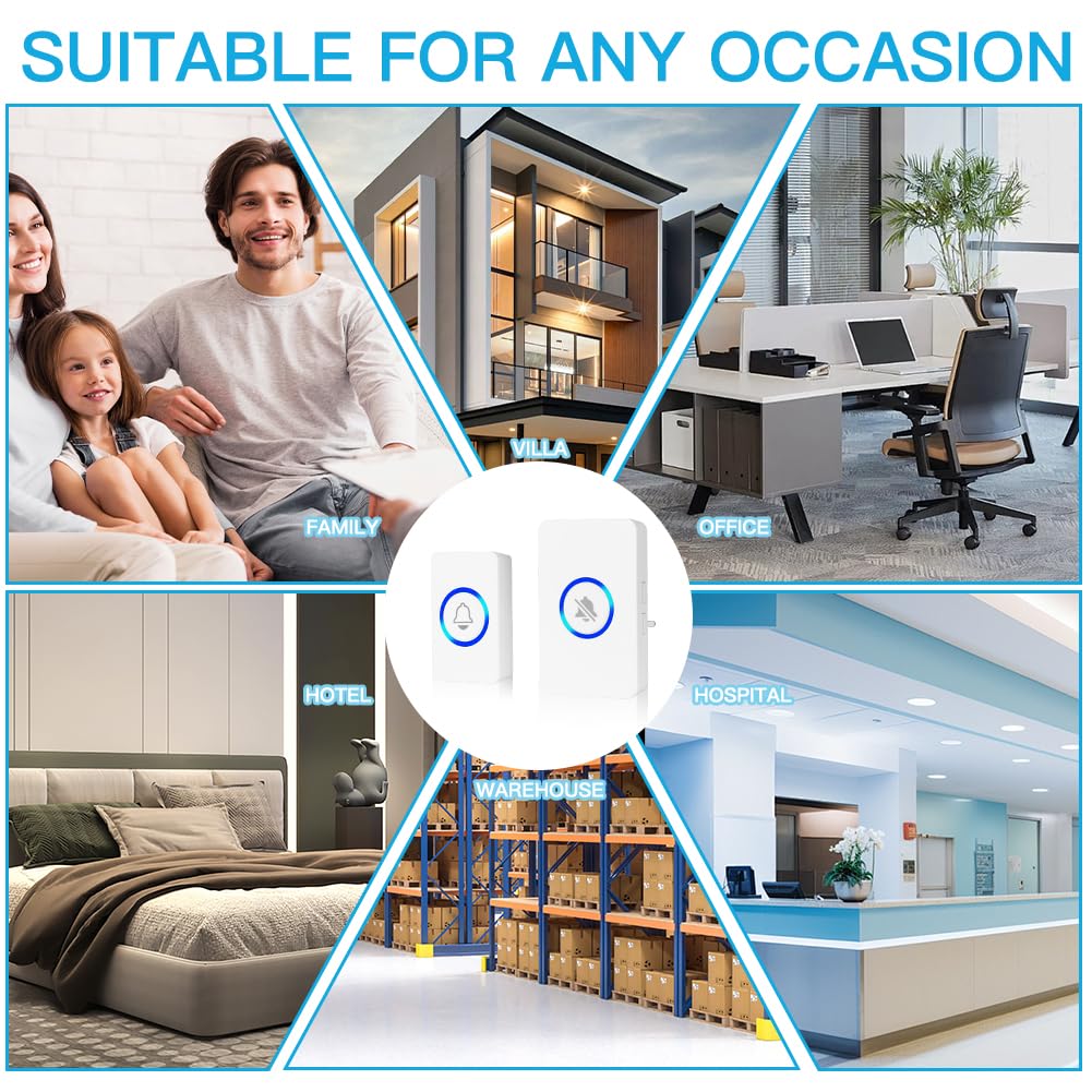 Campanelli Wireless, Campanello Wireless Impermeabile, Wireless Doorbell, Portata 492FT, Campanello Senza Fili da Esterno Nuova spina, 58 Suonerie, 4 Volumi Selezionabili
