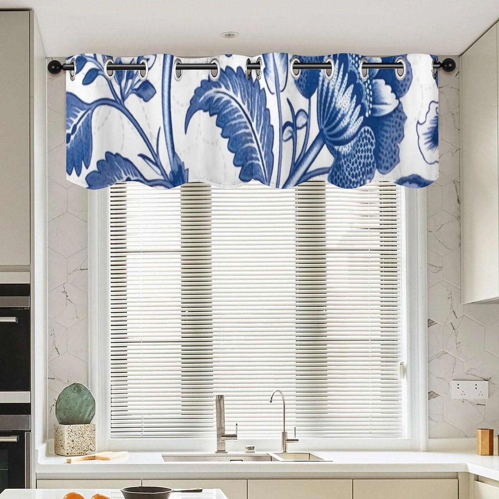 Rideaux courts exotiques à motif imprimé floral bleu lin et blanc 132 x 45 cm