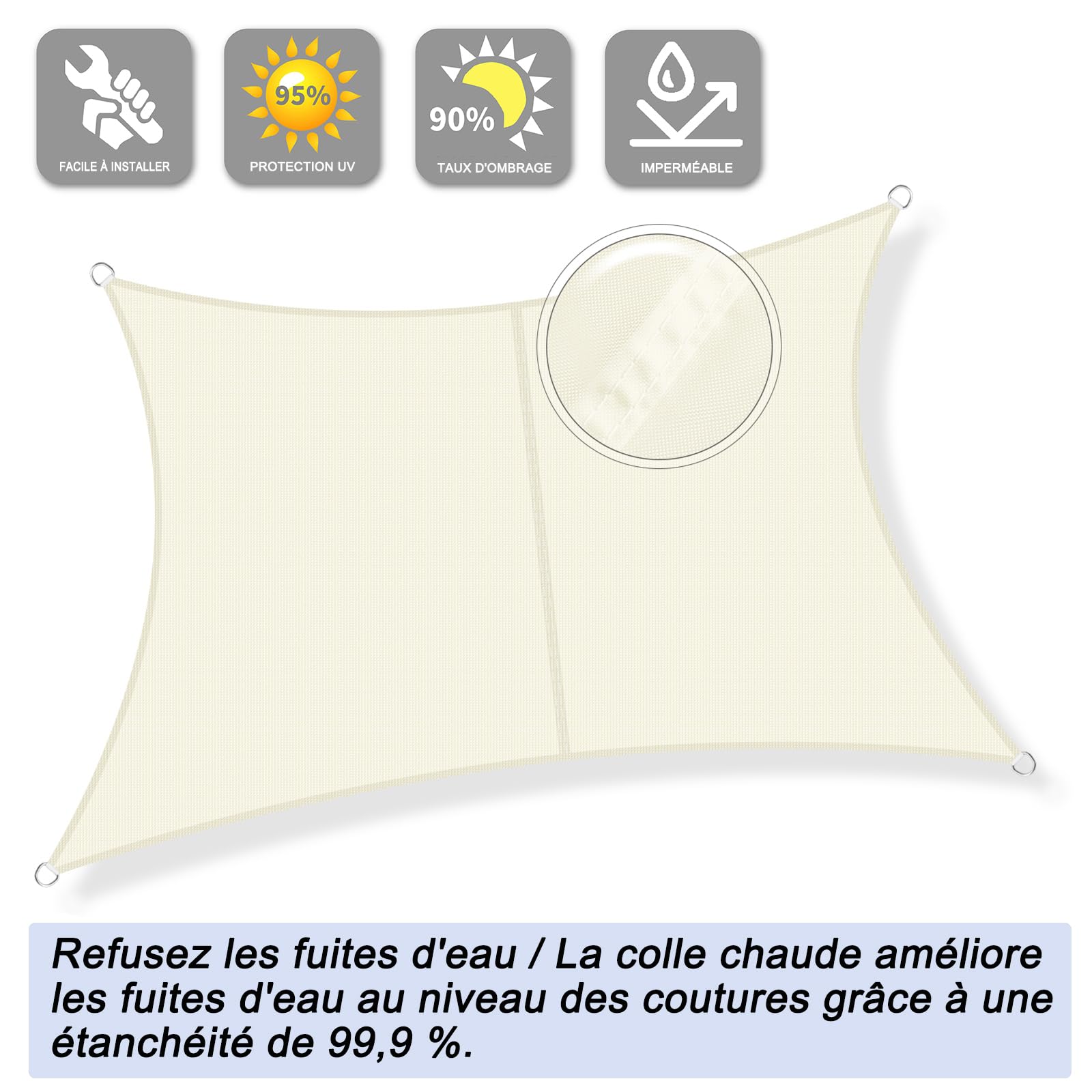 Sunnylaxx Voile D’ombrage 3x5m Rectangulaire, Oxford 420D Toile d'ombrage,Imperméable et résistant aux UV, pour en Plein air, Jardin,Terrasse-Cream