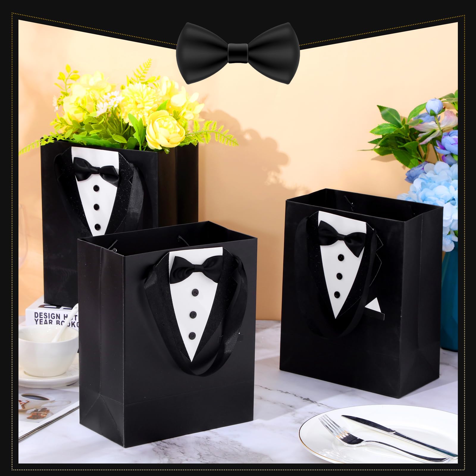 Chuangdi 8 Pcs Groomsmen Gift Bags with 3D Tuxedo Design 8 x 4.5 x 10 Inch with Handle Groomsmen Paper Gift Bags for Wedding Bachelor Birthday Party Favor Anniversary Supplies (Black)