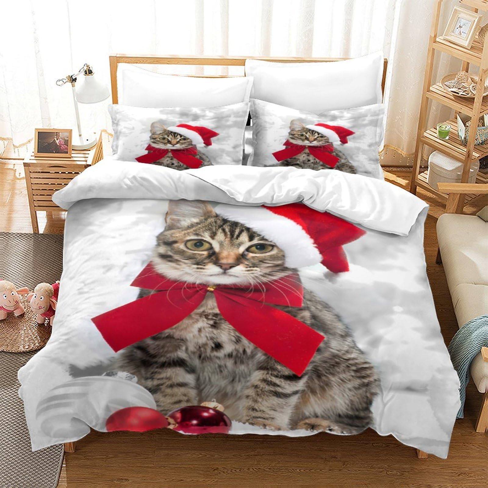 Stampa 3D Christmas cat Copertura per letto Microfibra Biancheria per letto Con federa Traspirante furry festive decor Fodera copriletto Leggero per giovani coppie coinquilini Super king（260x220cm）