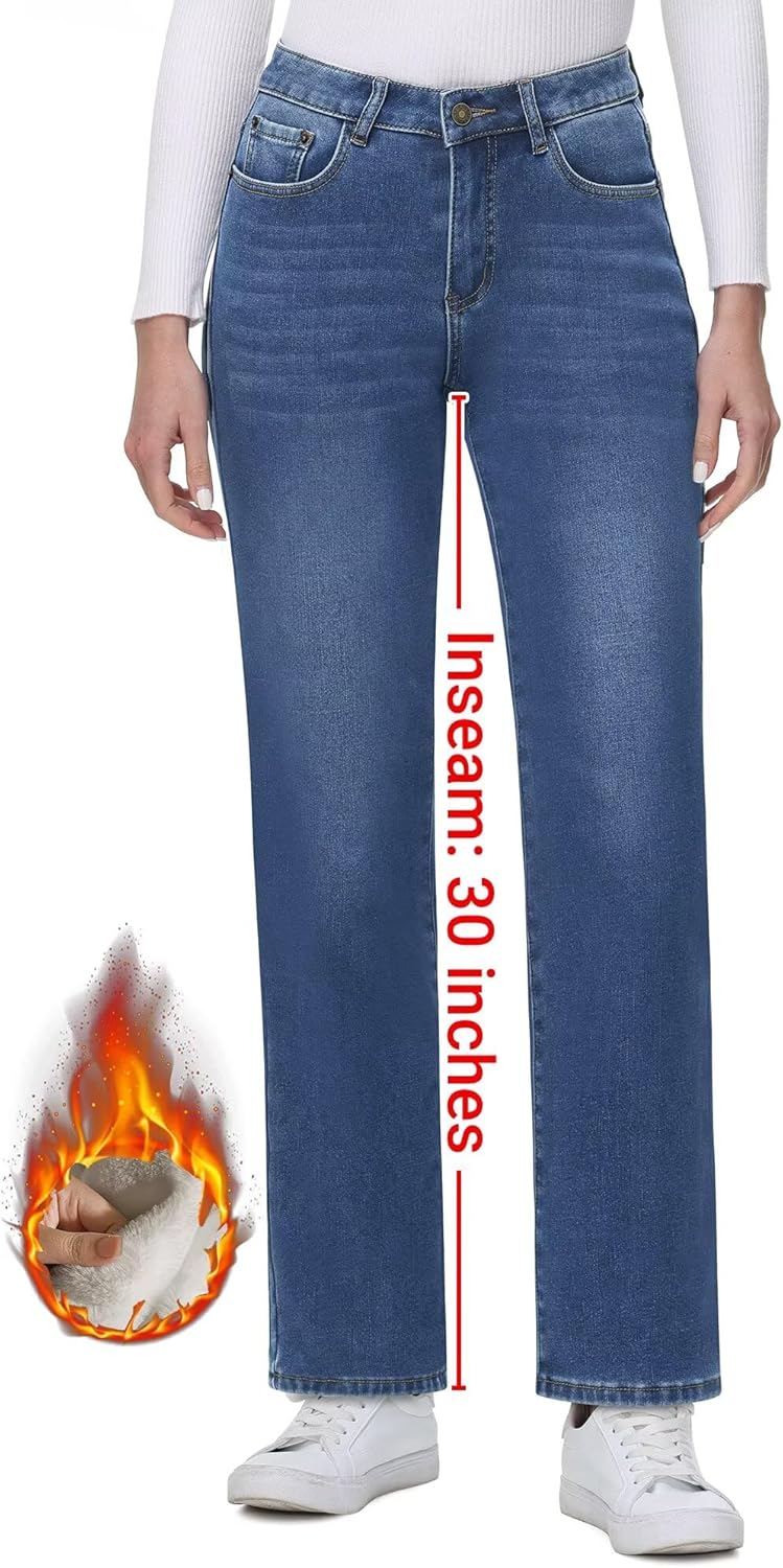 KDF Women's Fleece Lined Jeans Women Straight Leg Winter Fleece Lined Pants High Waist Lined Jeans Heated Wide Leg Jeans - Image 2
