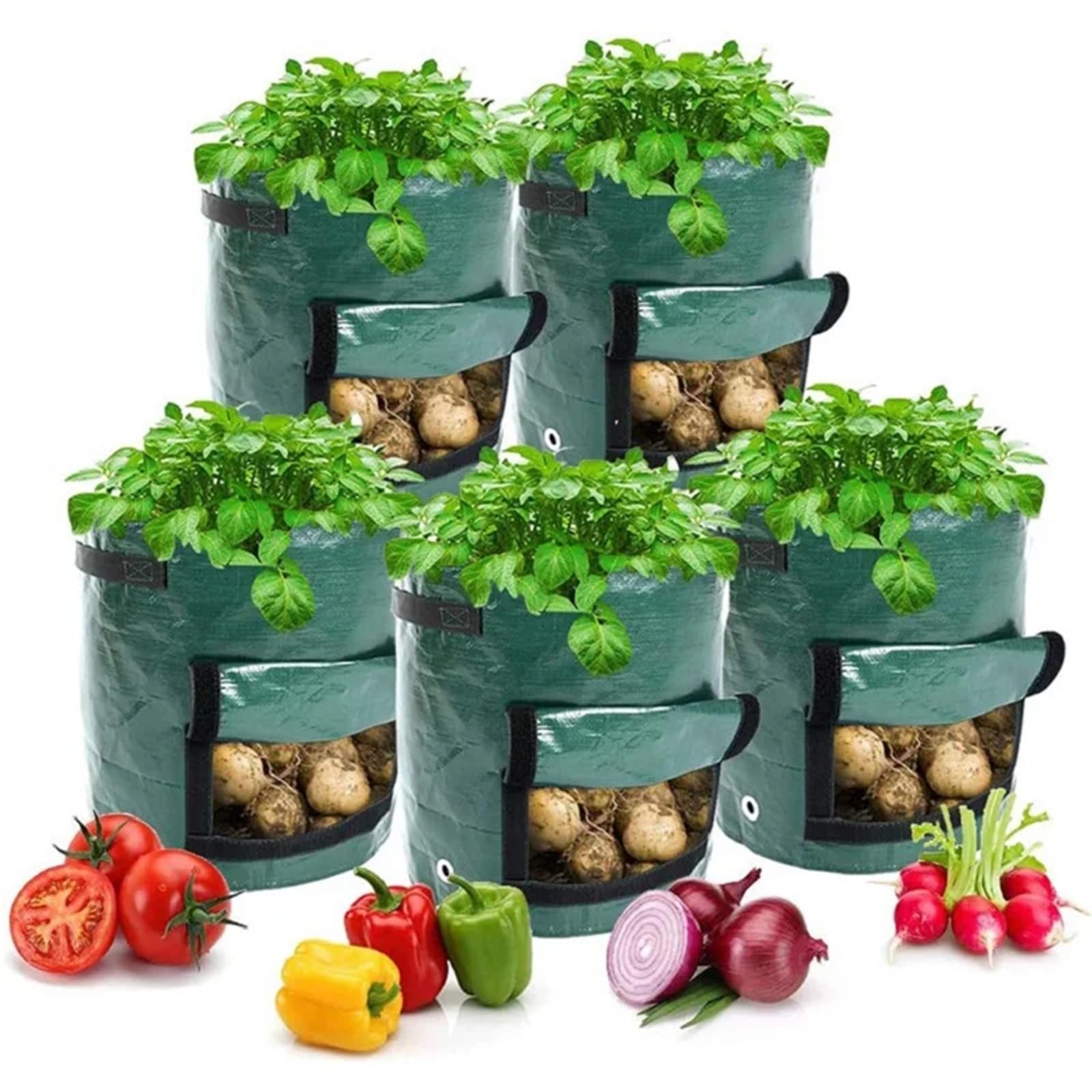 Sac Plantation Non Tissé Lot de 5 Sacs Culture for Pommes Terre, épais et résistants, jardinière légumes avec poignées(Orange-Yellow,5 Gallon 23x28cm)