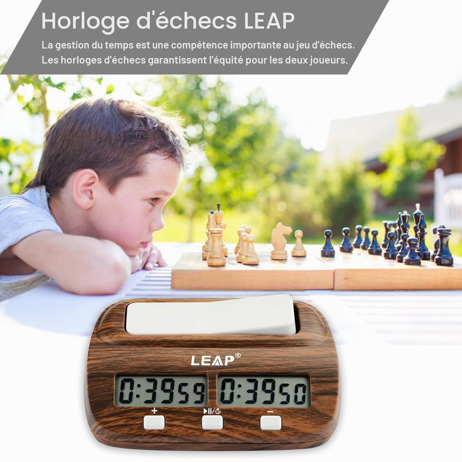 LEAP Horloge d'échecs avec fonctions de compte à rebours, d'alarme bonus et de délai pour les échecs et les jeux de société à 2 joueurs - Aspect classique en bois grainé