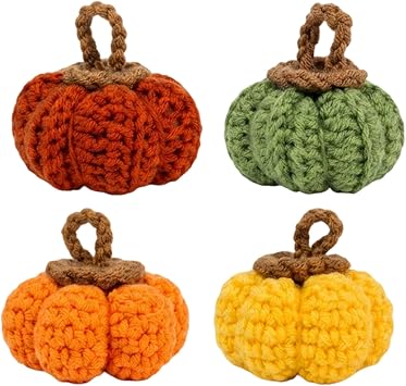 Autumn Decorations, 4-Piece Knitted Pumpkin Set for Thanksgiving Table Decor, Handmade Fall Decor with Orange Yellow Red Green Pumpkins, Seasonal Home Accents