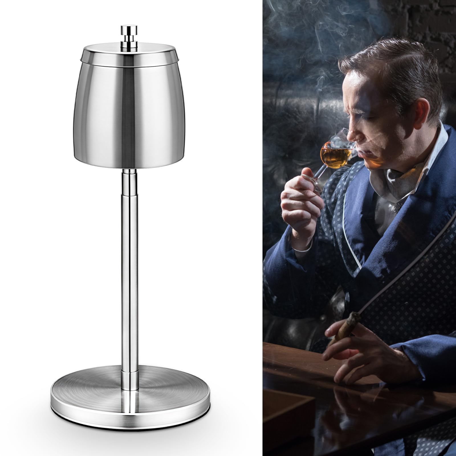 Cendrier sur pied réglable en acier inoxydable - Hauteur extensible de 22 à 56 cm - Cendrier d'extérieur sur pied pour l'extérieur - Cendrier avec couvercle - Pour l'extérieur et l'intérieur - Pour