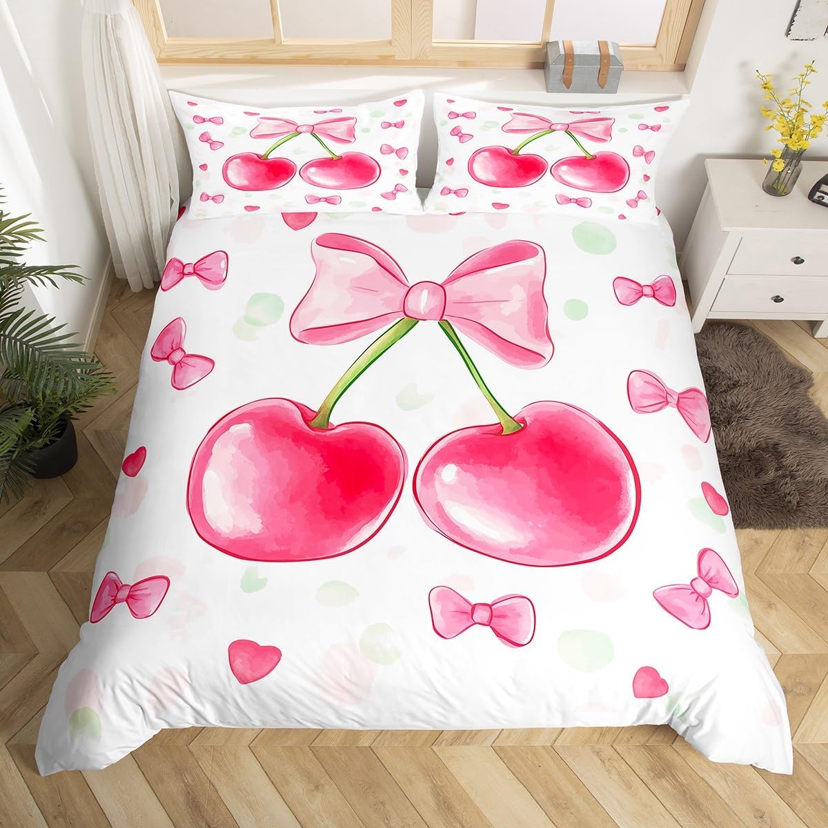 jejeloiu Pink Cherry Bedding Set Cherry Pattern Duvet Cover Set for Kids Boys Girls Cute Bowknot Bow Comforter Cover Cartoon Fruit Quilt Cover Bedroom Collection 2Pcs Toddler Size,No Comforter