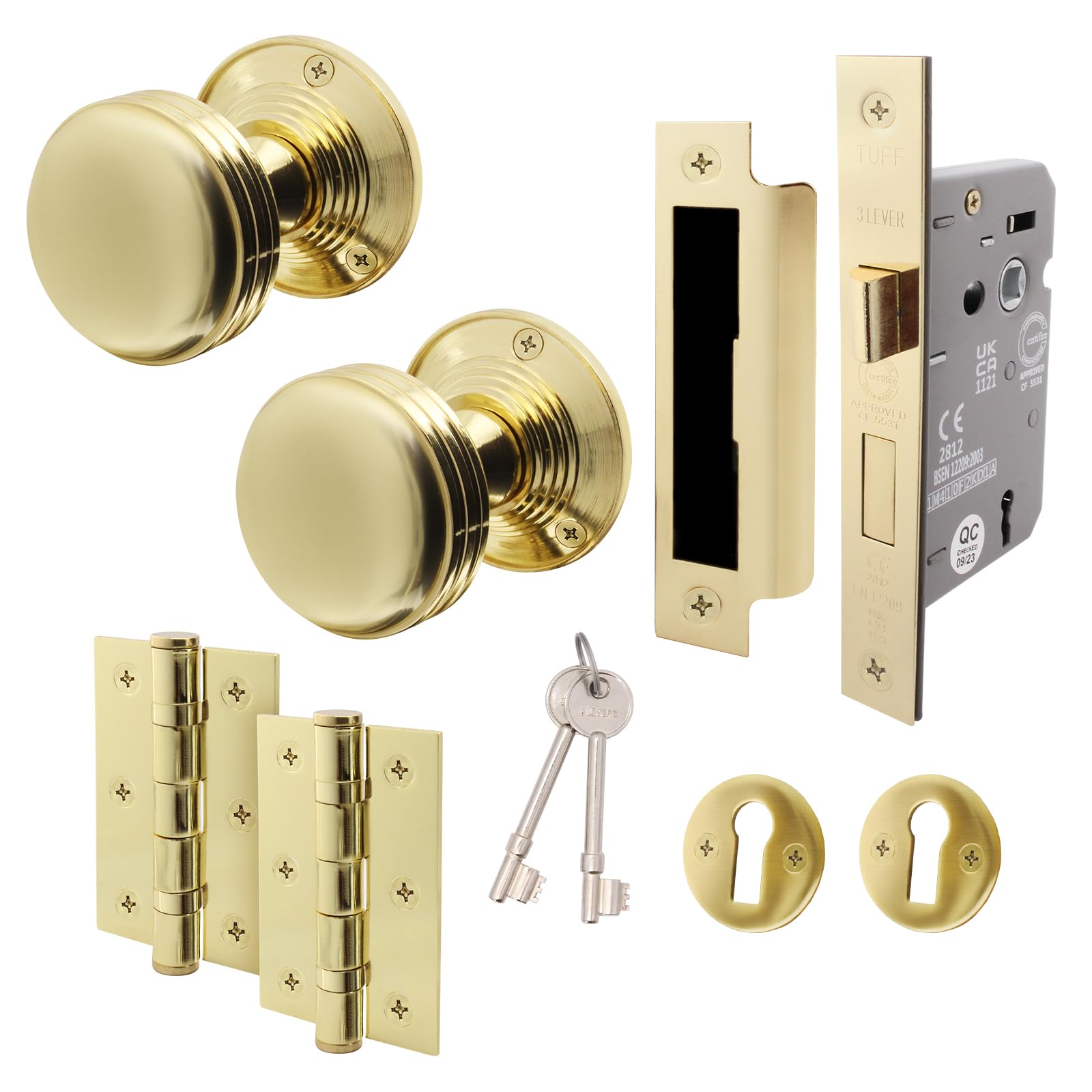 Eai Polished Brass Lined Key Lock Door Knob Set | 1 Pair Of Mortice Knobs (55Mm), Sash Lock (80Mm) & Hinges (76Mm) For Internal Doors