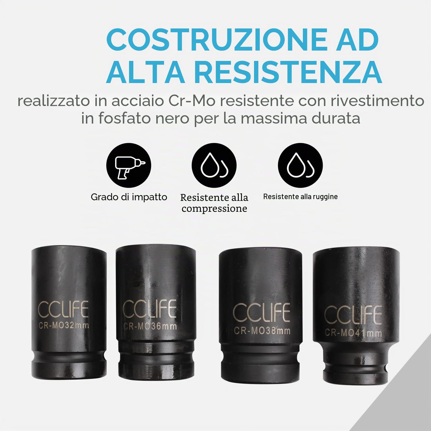 CCLIFE Set Bussole a Impatto Profondo da 10pezzi | 3/4' Prese di Impatto (22-50 mm) I chiavi a impulsi per Chiavi a Bussola