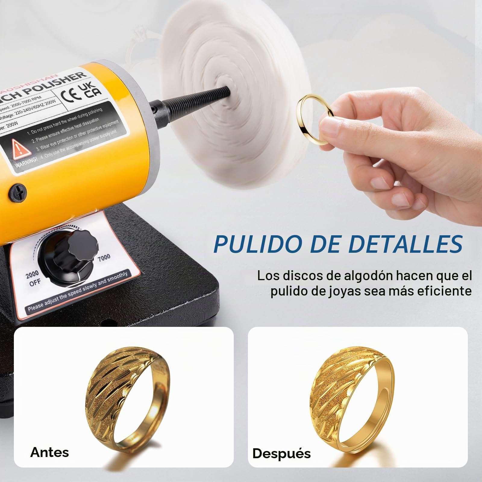 BAOSHISHAN Pulidora de Joyas Pulidora de Mesa 200W Esmeriladora de Banco de Velocidad Variable 7000rpm