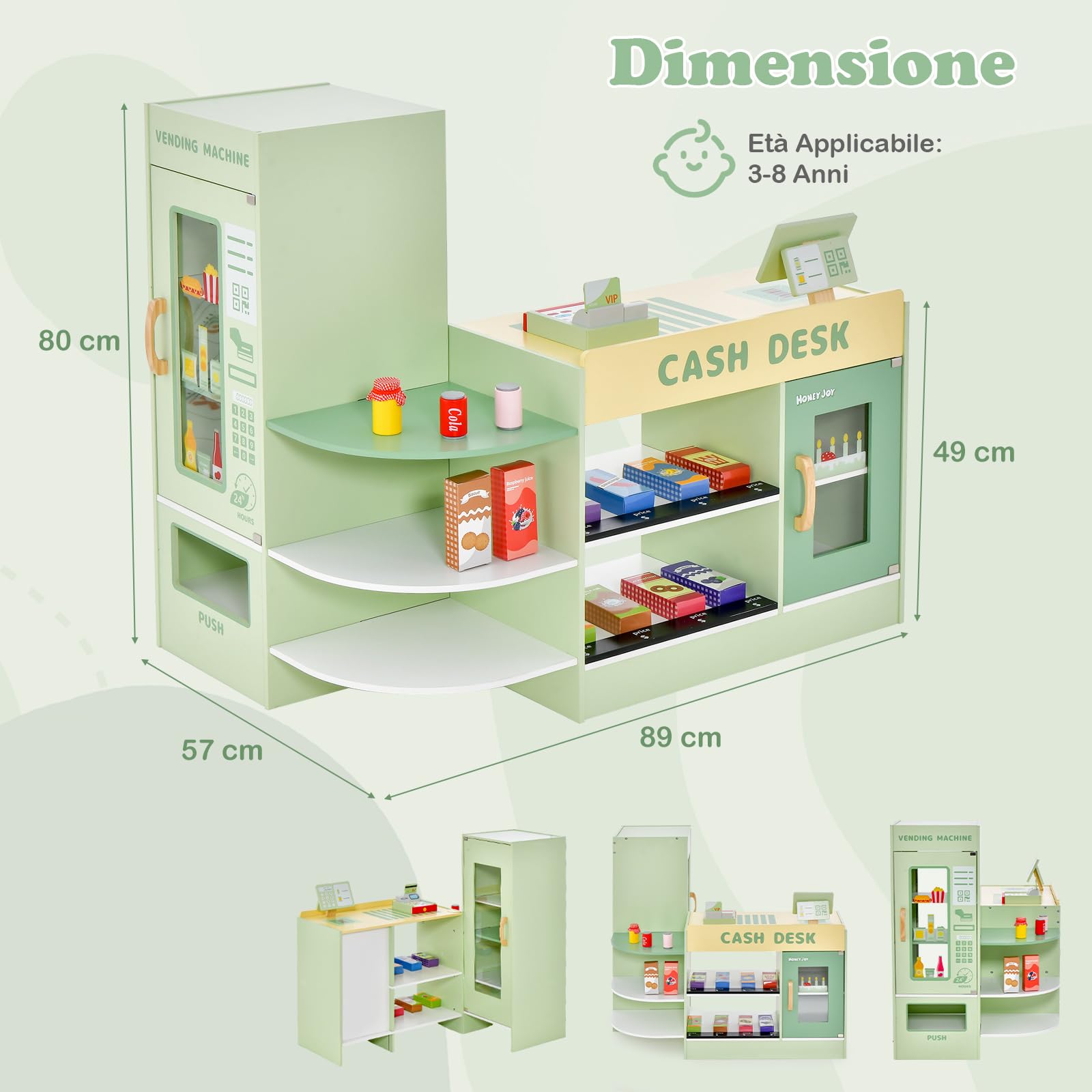 GYMAX Negozio di Alimentari per Bambini, Gioco di Supermercato in Legno Autoportante con Banco Cassa, Macchina POS, Distributore Automatico, Set di Giocattoli Registratore di Cassa (Verde)