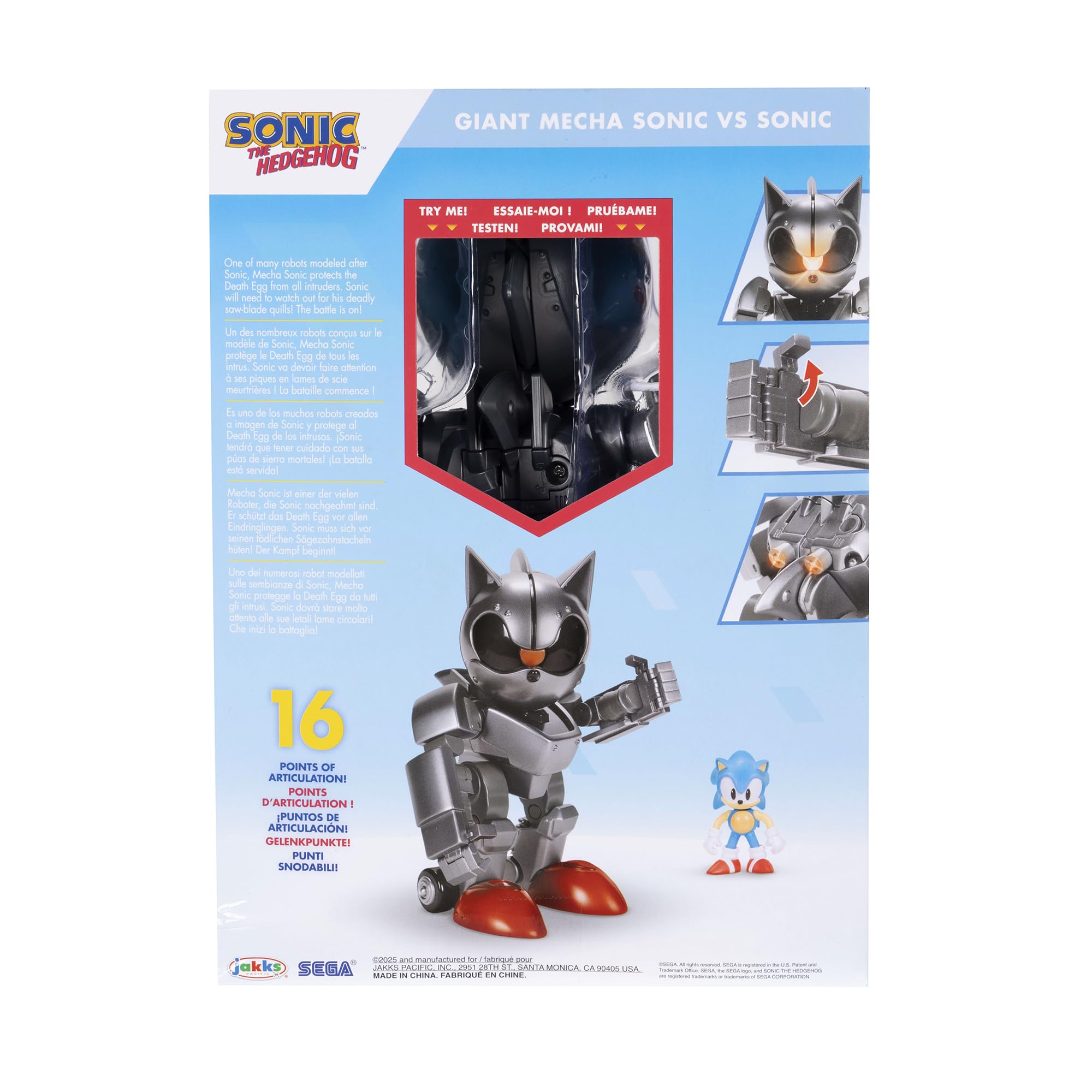 Sonic The Hedgehog – Set Gigante Mecha Sonic da 20,3 cm, Alta Articolazione con Luci Integrate e Figura di Sonic Inclusa, Gioco Ufficiale Jakks Pacific – Regalo Perfetto per Ragazzi