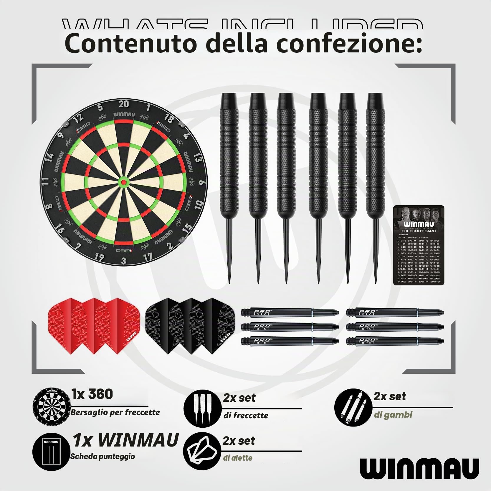WINMAU Blade 360 Triple Core Carbon Dartboard Set – Include il Dartboard Blade 360 con 2 set di freccette da 19g con punta in acciaio (1 set nero e 1 set rosso), scheda di finish e altro