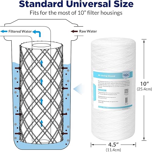 Miniatura 2 de Membrane Solutions Cartucho de repuesto de filtro de agua universal para toda la casa, 5 micrones, 10 x 4.5 pulgadas, para agua de pozo, paquete de 4