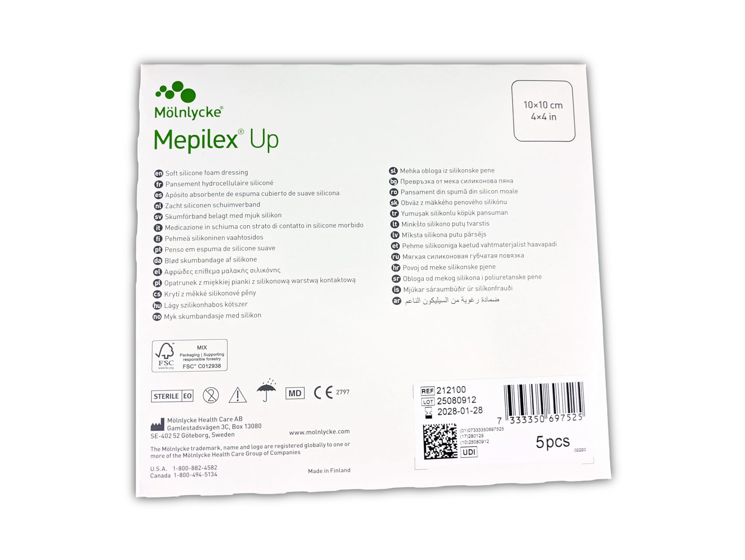 Mölnlycke, Mepilex Up 10 cm x 10 cm, miękki bandaż z pianki silikonowej, 5 szt