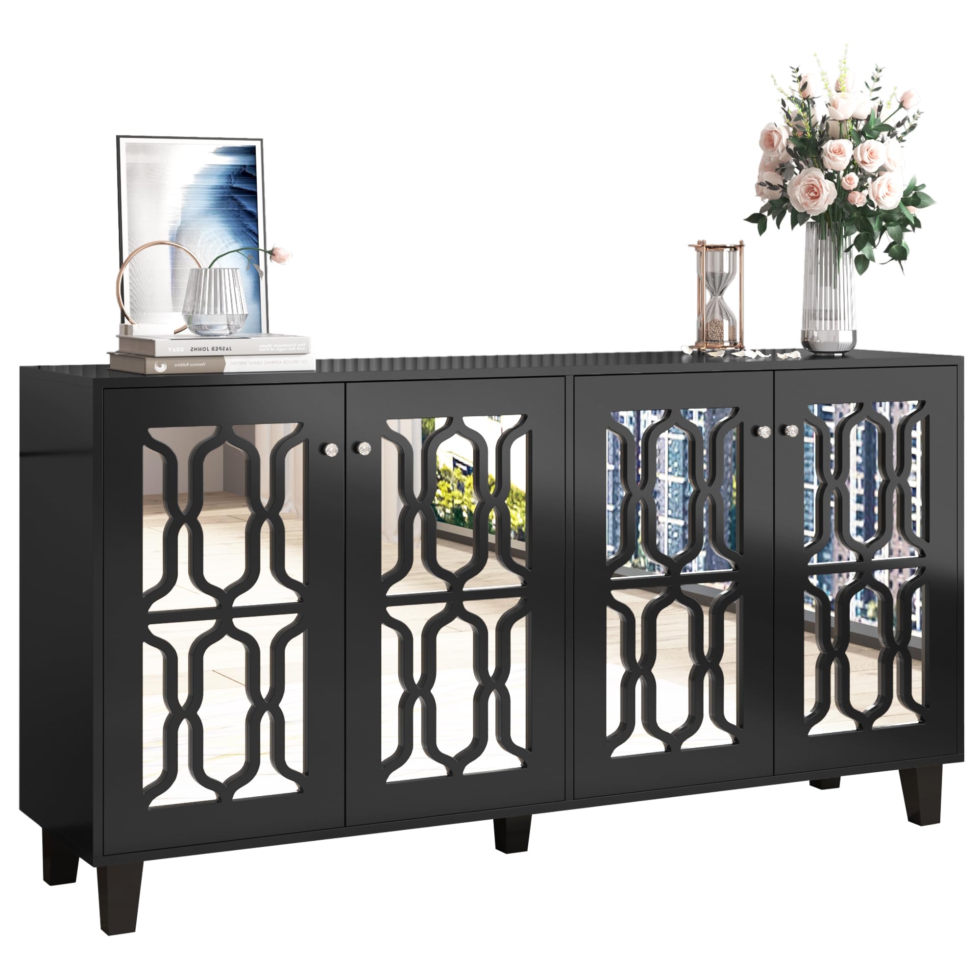 Azkoeesy Spiegel Sideboard weiß 160 cm mit 4 Türen und Kristall Griffen