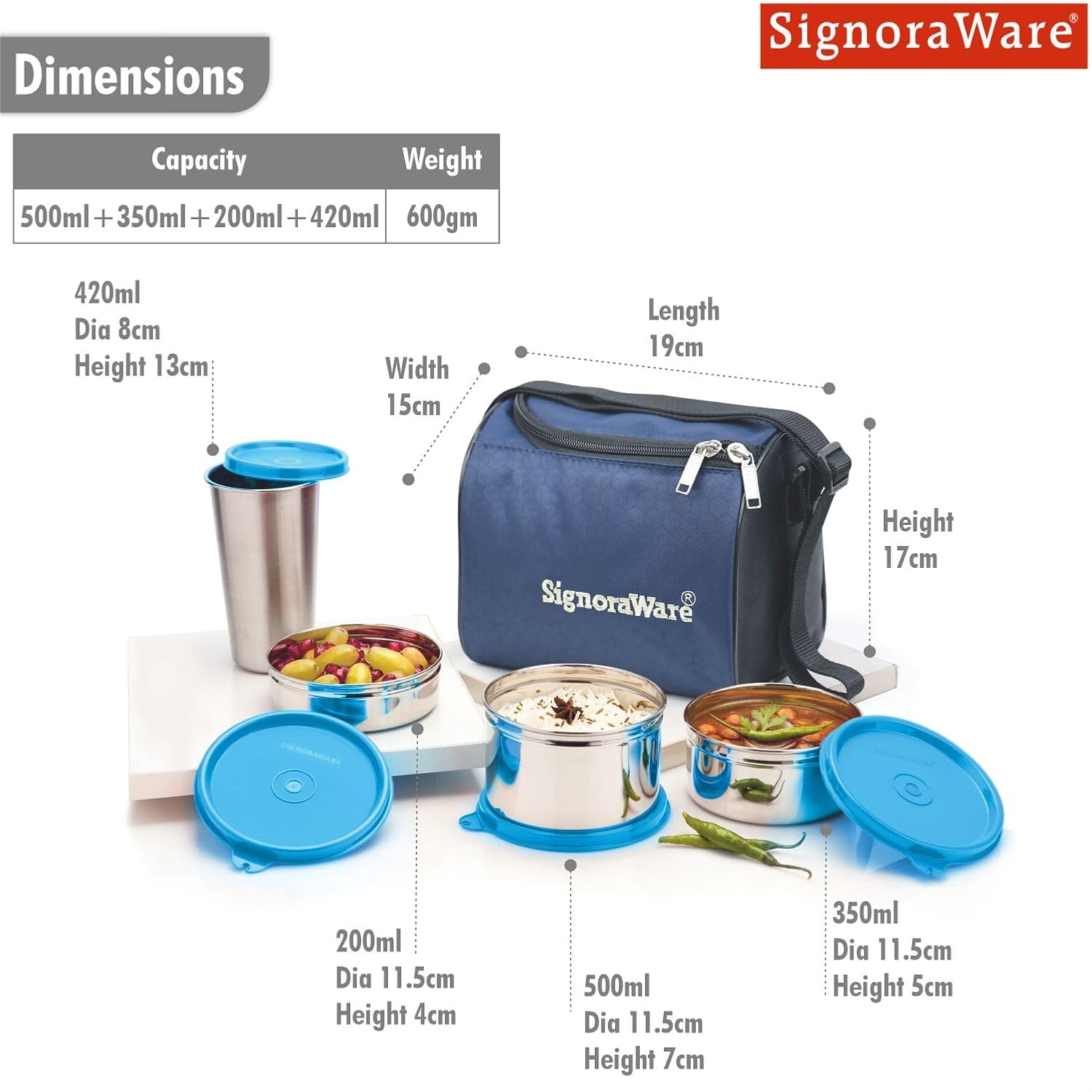 SignoraWare Stainless Steel Lunch Box with Bag | Airtight & Leakproof | Retain Freshness & Crispness | Perfect for Office Executives, College Students & Travelers ( 200ml+350ml+500ml+370ml | Blue ) 2 71qykIfF2RL. SL1500
