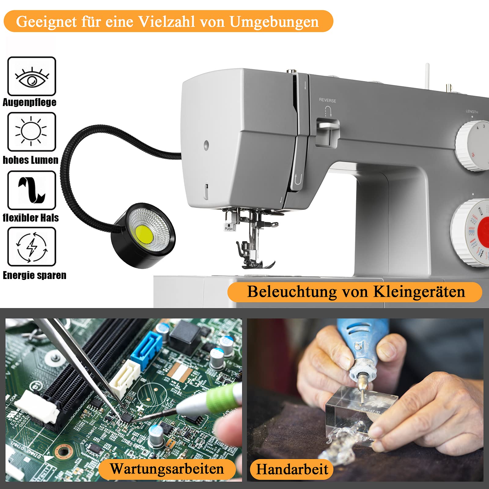 Led Magnetische Arbeitsleuchte 300mm Flexible Schwanenhalslampe 500 Lumens 220 Volt für Nähmaschine Drehbank Fräsen Bohrmaschine Industrielle Beleuchtung (5W)