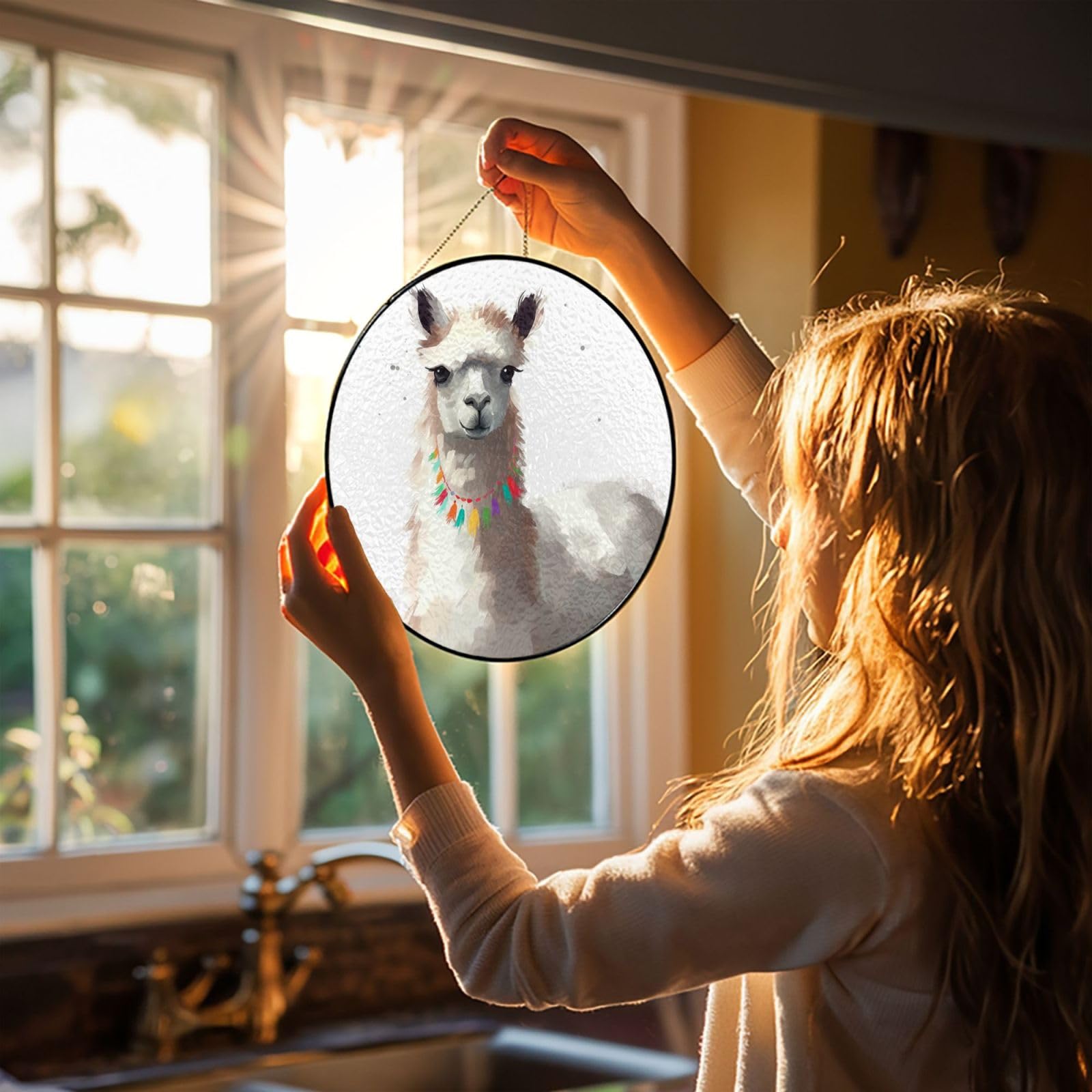 4in Stained Glass Window Hanging,Window Suncatcher Glass Panel with Metal Chain Llama Sun Catchers Wall Art Home Decor Gift for Women Mother's Day