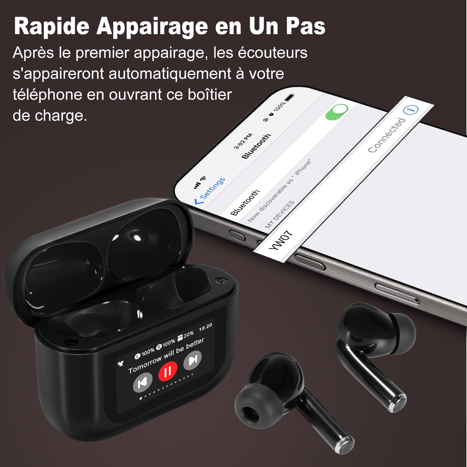 Écouteurs Bluetooth avec écran tactile, écouteurs intra-auriculaires sans fil, Bluetooth 5.4, avec annulation du bruit ANC+ENC, étanchéité IPX7, noir