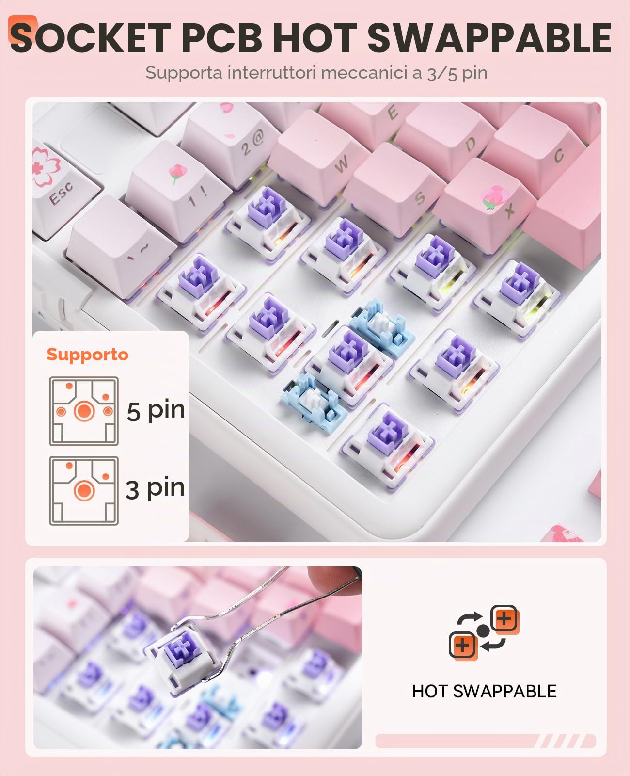 DAREU EK98PRO Sakura Rosa Tastiera meccanica gaming, tripla modalità BT/2,4GHz/USB-C, interruttori lineari pre-lubrificati, personalizzabile con sostituzione a caldo per Win/Mac
