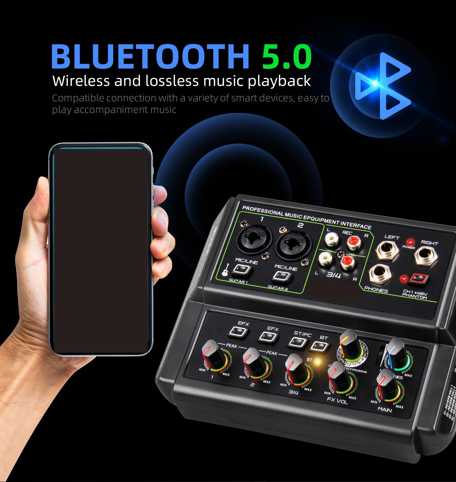 Mikser audio, 4-kanałowa karta dźwiękowa z funkcją Reverb Live Bluetoothem i gniazdem słuchawkowym 6,5 mm do monitora