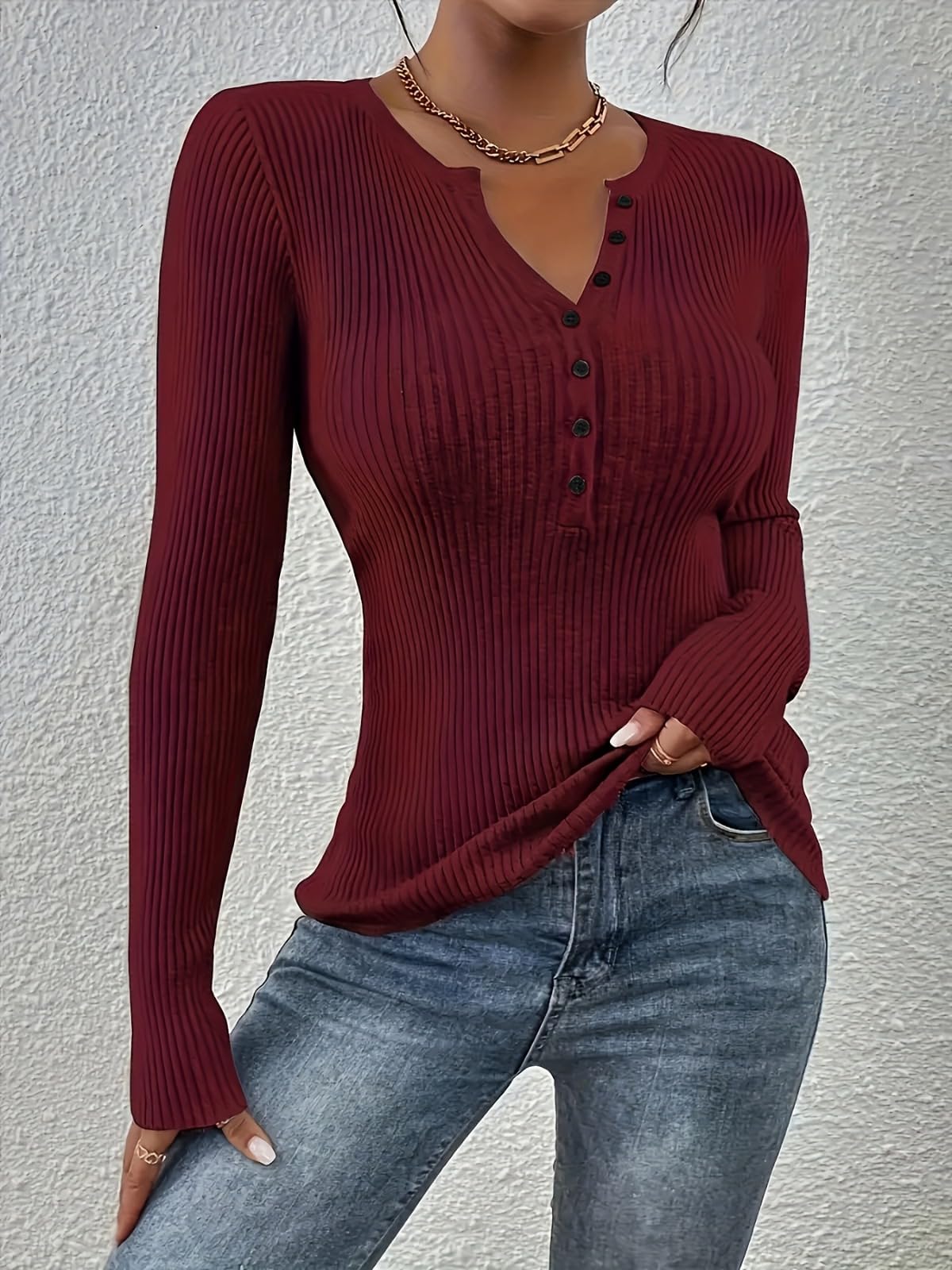 Women Sweater Pullover Long Sleeve V-Neck Button Front Soft Pullover Flattering Silhouette for Work Travel Everyday Wear