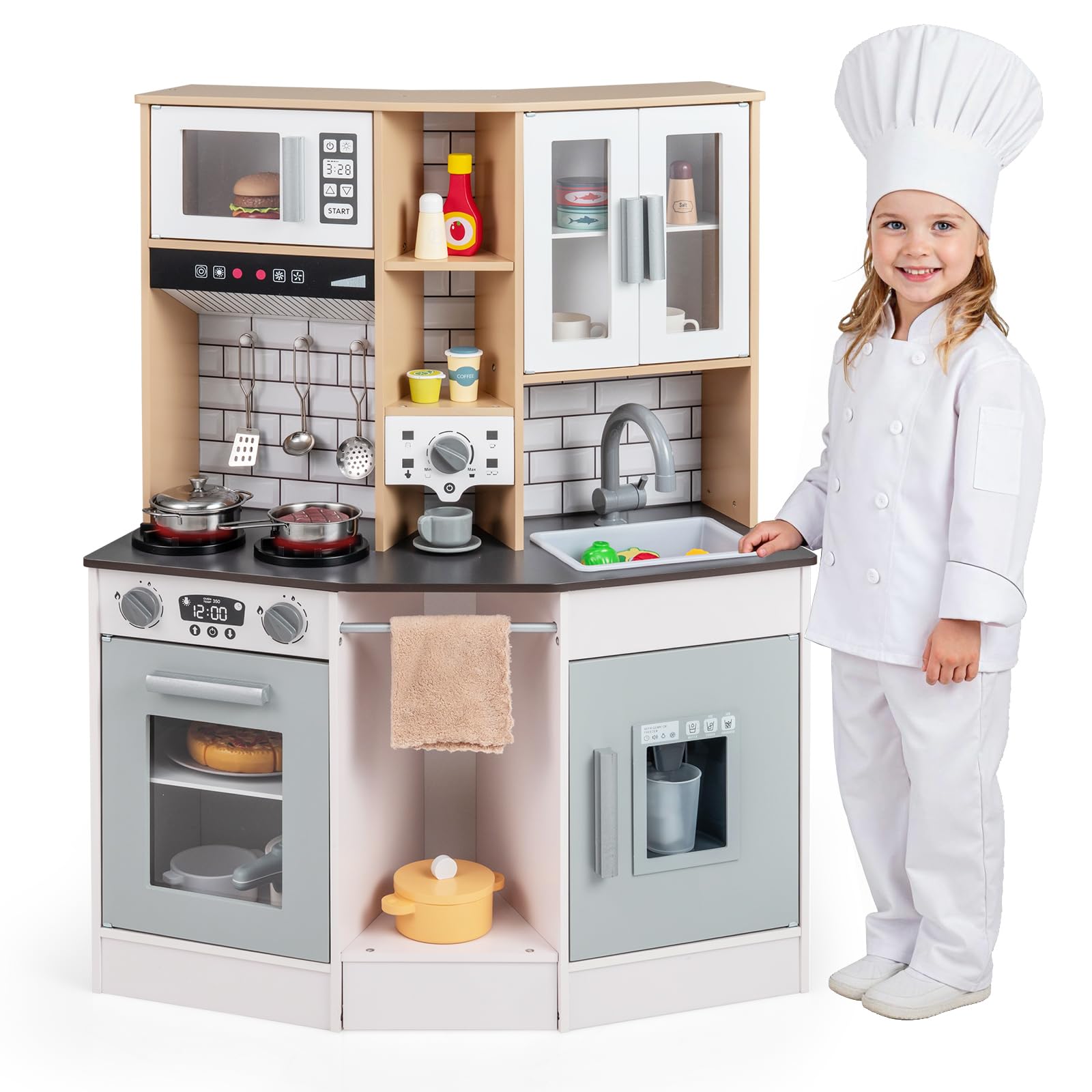 Maxmass Kids Play Kitchen, Wooden Children Pretend Kitchen with Sounds & Lights, Ice Maker, Coffee Machine, Stove, Sink, Range Hood, Microwave, Toddler Toy Kitchen Cooking Playset (Grey + White)