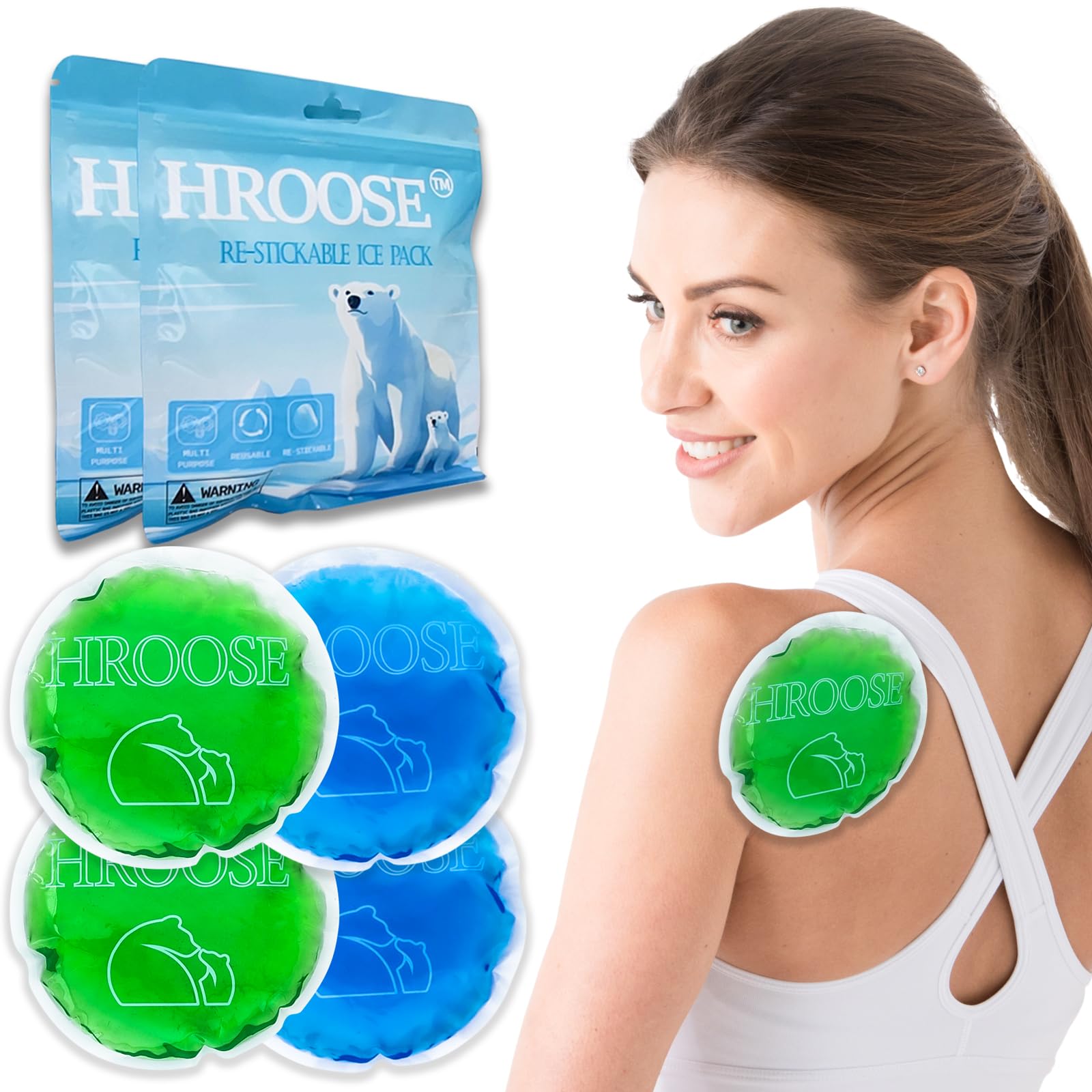 4 Pack Hands-Free Stickable 5" Reusable Gel Ice Pack,Stick-On Cold Compress for Pain Relief, Injuries,Inflammation(2Blue+2Green)