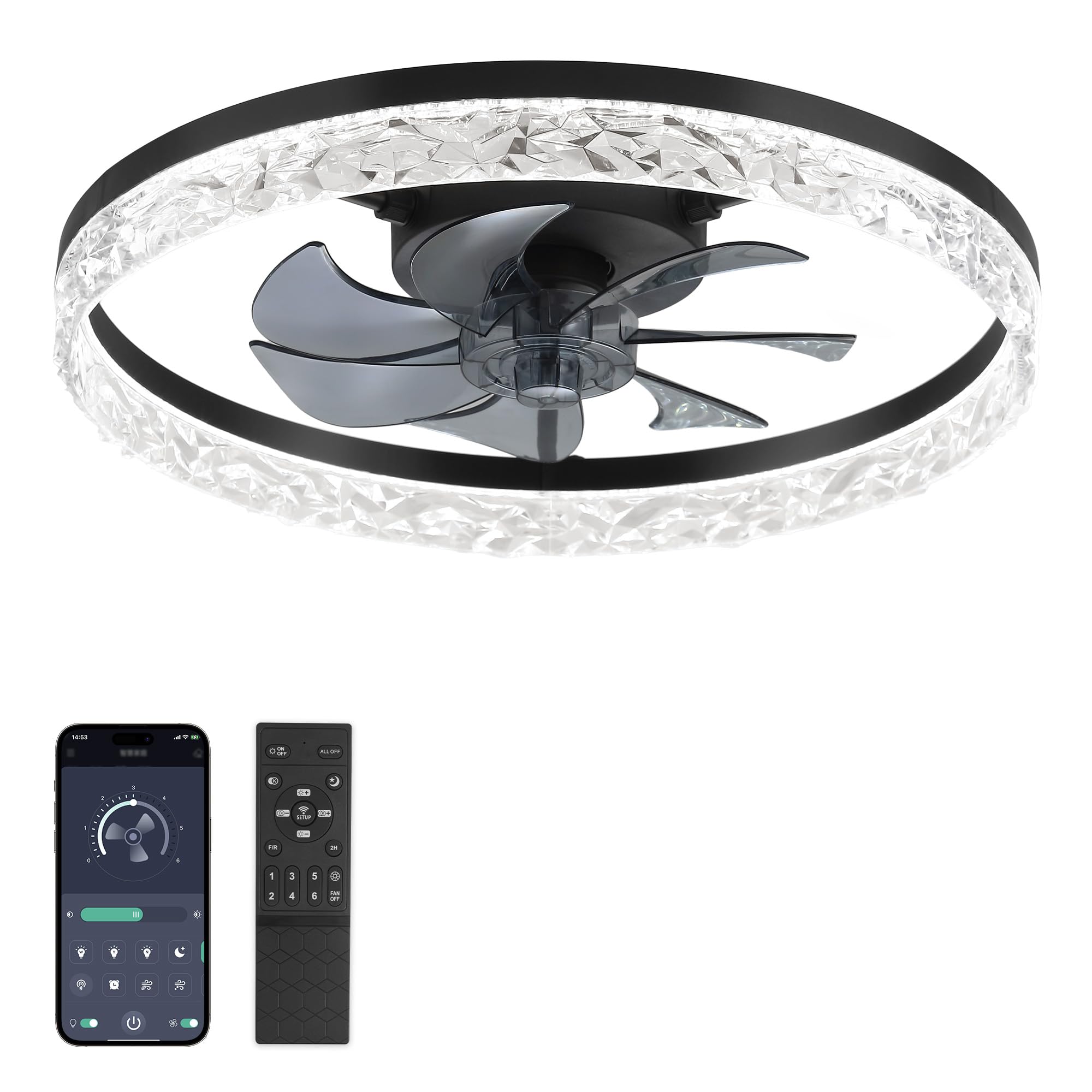 ZMISHIBO Deckenventilator mit Beleuchtung,Ø50,8 cm,3000K-6500K stufenlos dimmbar,6 Geschwindigkeiten,Timer,App & Fernbedienung,moderner LED-Deckenventilator für Wohnzimmer und Schlafzimmer,Schwarz