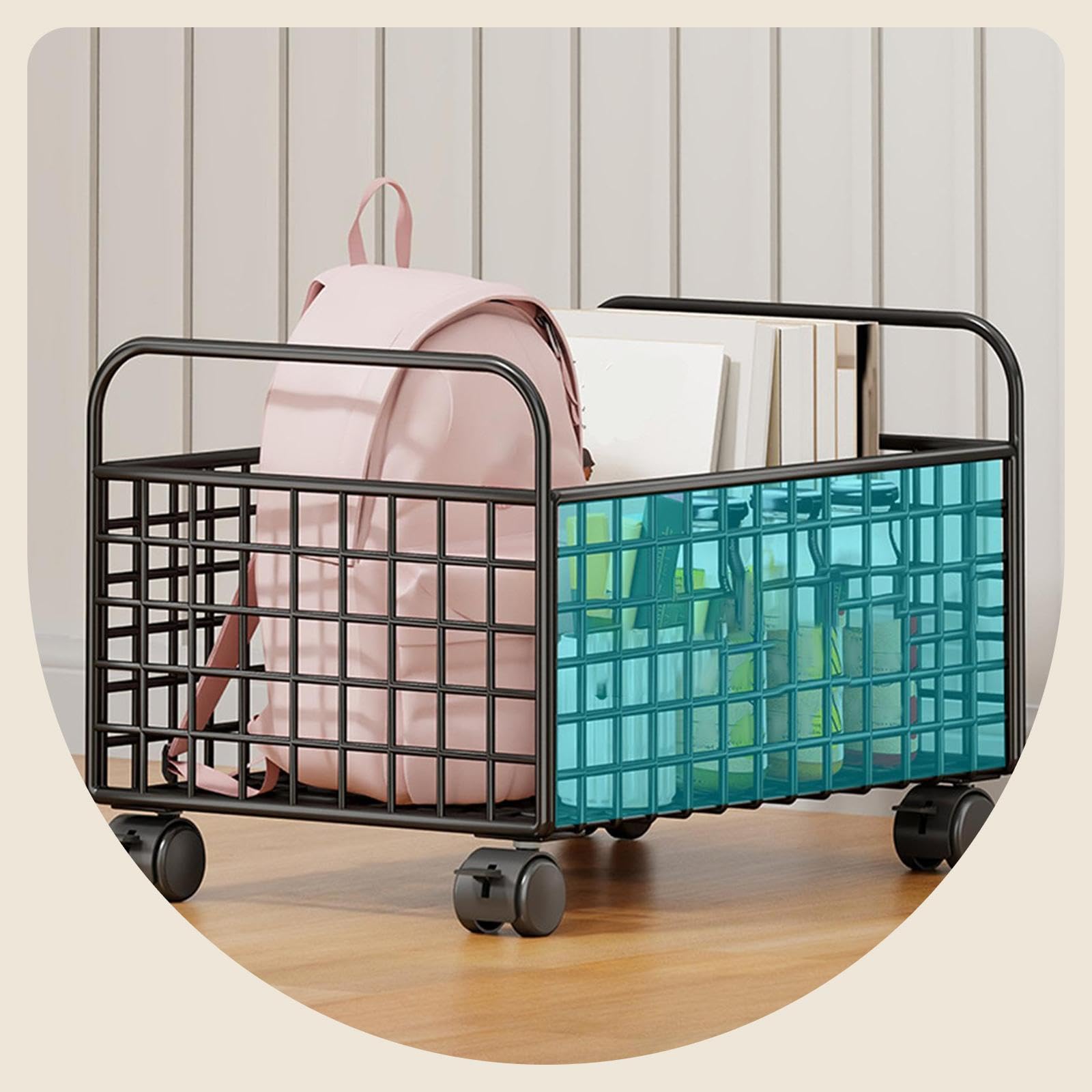 Carrello Multiuso con Ruote, Contenitore Portaoggetti in Rete sotto La Scrivania E Cestino Porta Libri di Cucina, Nero, 25 Cm X 48 Cm X 30