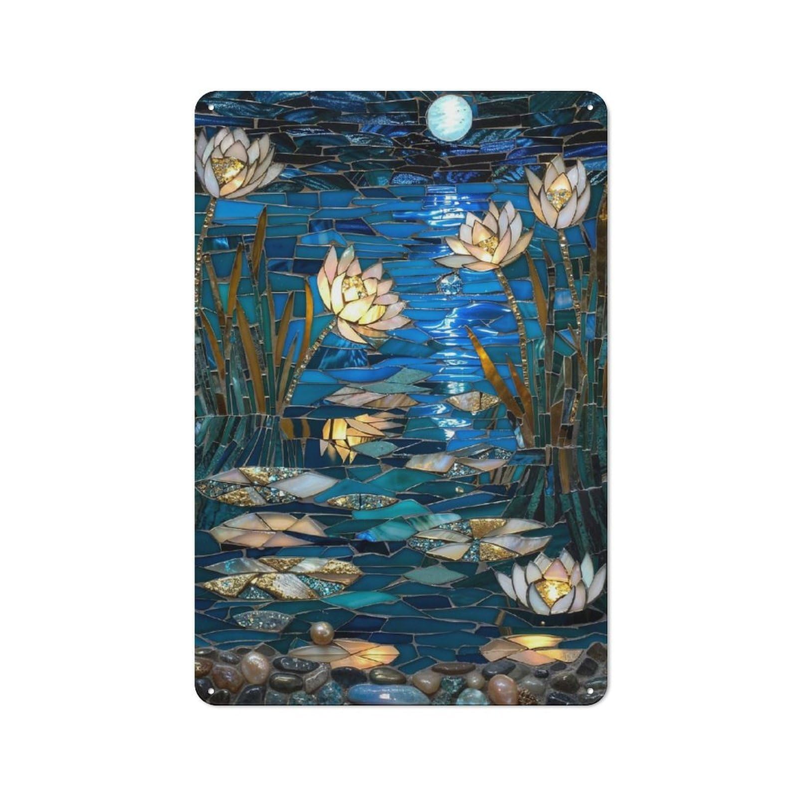 Junmoney Moonlit Lotus Pond Mosaic Retro-Style Tin Wall Plaque 30X20cm For Living Room Wall, A Metal Wall Feature For Living Rooms And Feature Walls