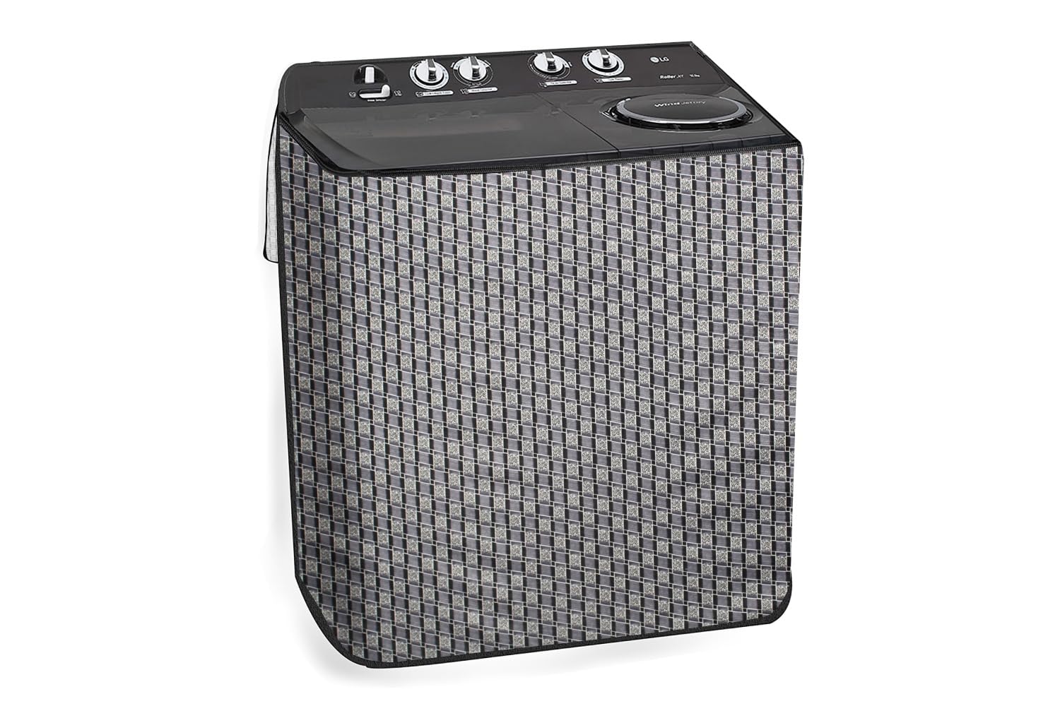 The Furnishing Tree Polyester Waterproof Semi Automatic Washing Machine Cover Suitable for LG 9 Kg, 9.5 Kg & 10 Kg, Dimension DxWxH In Cms: ( 53.3x89x99 ), Basketweave Pattern Grey
