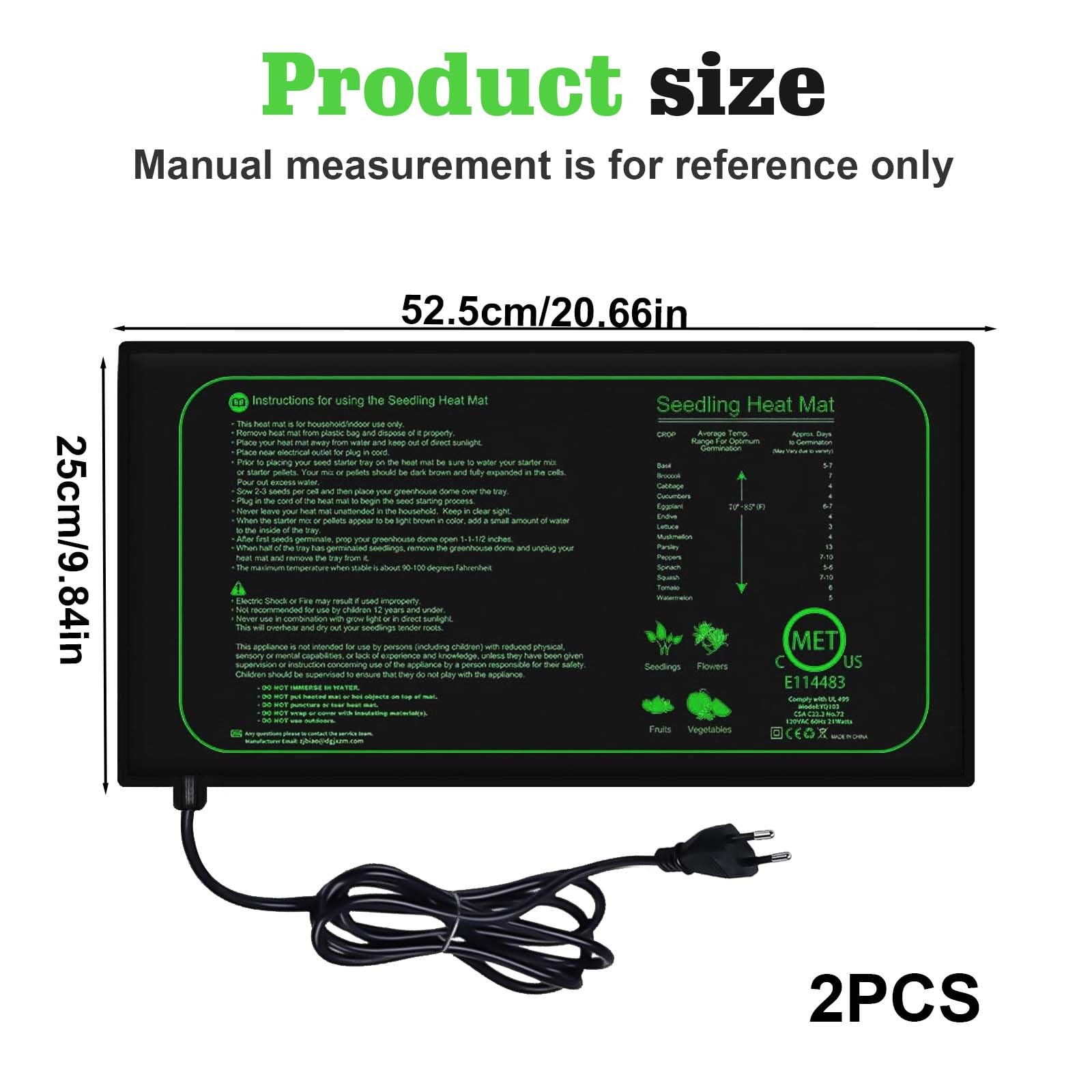 2 unidades de esteras calefactoras plantas: 25 × 52,5 cm, 21 W, estera térmica para germinación de plántulas, estera térmica para plantas de interior y invernadero para la germinación y regulación de