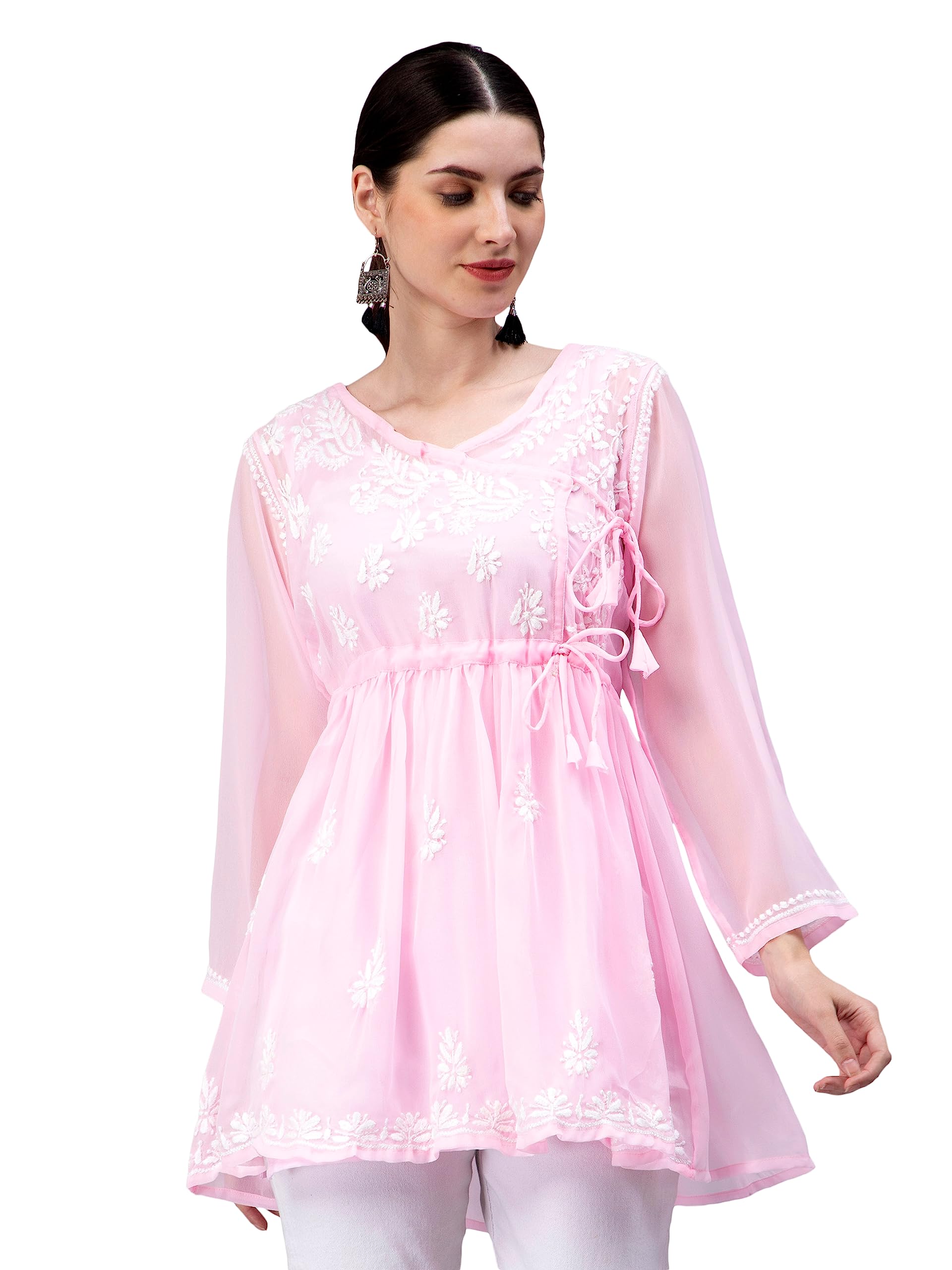 seva chikan Hand Embroidered Lucknowi Chikankari Light Blue Angarkha Georgette Women Short Top & Tunic with Slip SCL9064-picture-49