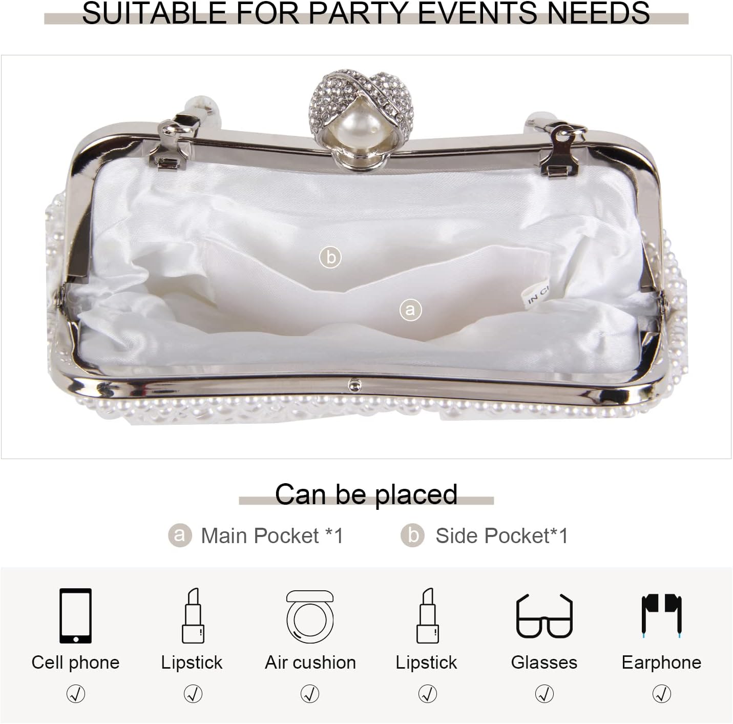 Oweisong White Pearl Clutch Purses for Women Wedding Bride Pearl Evening Bag Party Clutch Wallet Tote Handbag