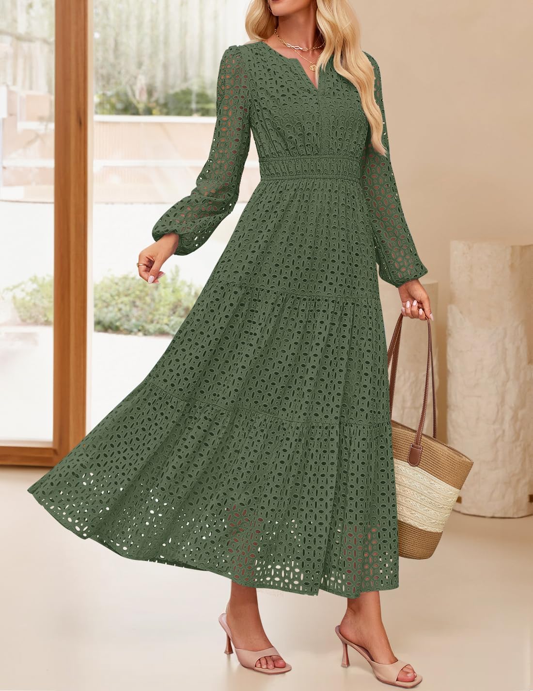 ZESICA Women's 2026 Spring Long Sleeve Maxi Dress V Neck Hollow Out Eyelet A Line Long Flowy Casual Party Dresses - Image 3