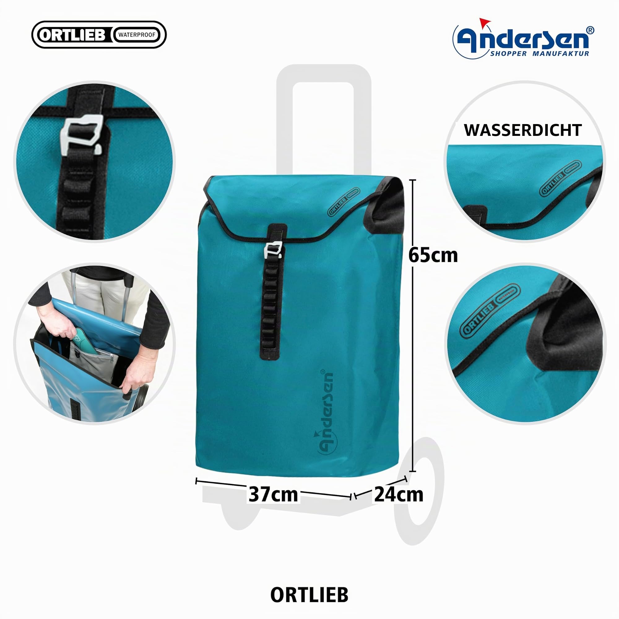 ANDERSEN Einkaufstrolley - Royal Sh. Plus Ortlieb Petrol | Fahrradanhänger, Luftbereifung, aus Alu, bis 50 kg - Tasche verschweißt, wasserdicht, Innenfach, 49 L
