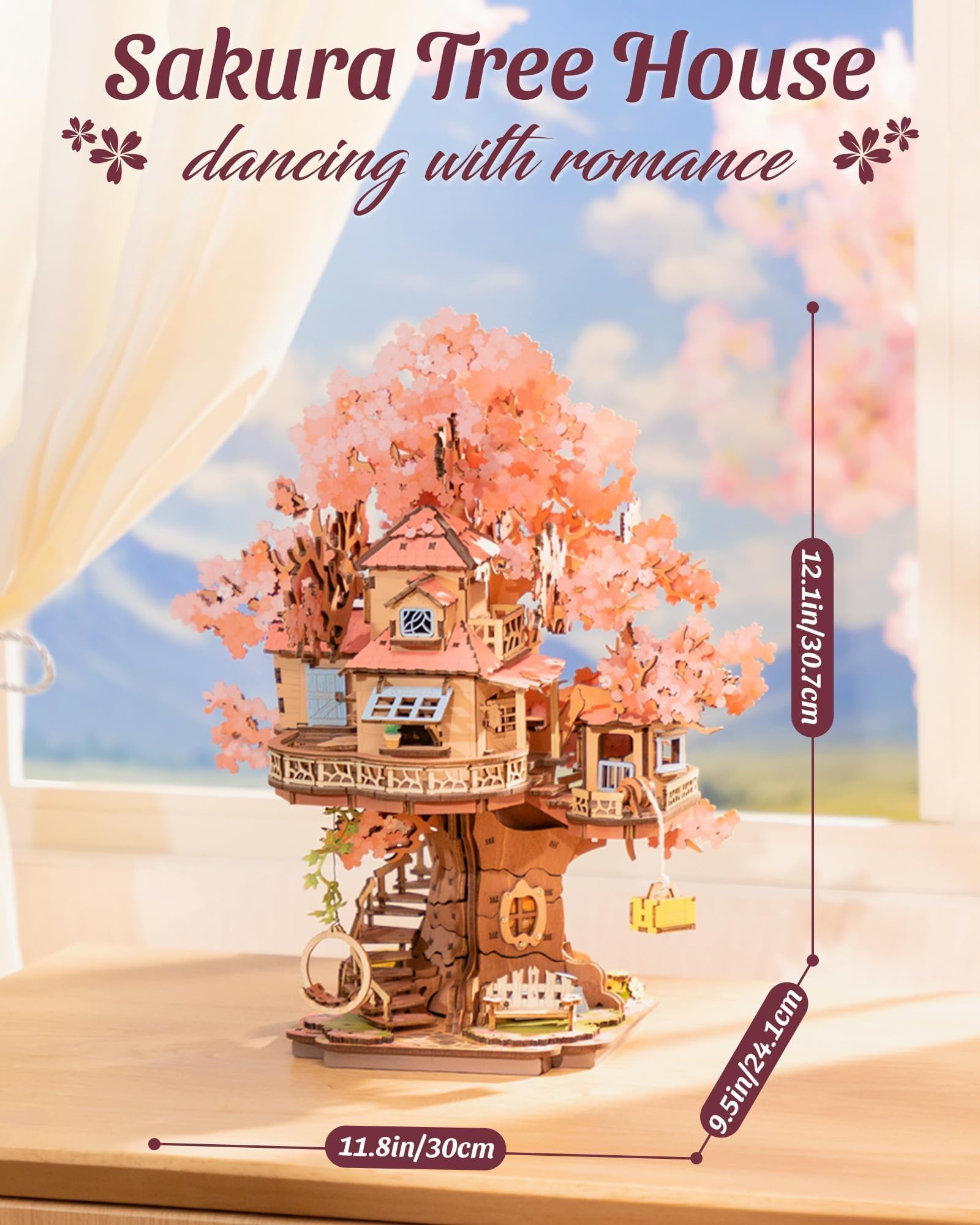 ROBOTIME Drewniane puzzle 3D Sakura domek na drzewie, zestawy modeli dla dorosłych do budowania, dekoracja domu, prezenty rzemieślnicze dla dorosłych i nastolatków