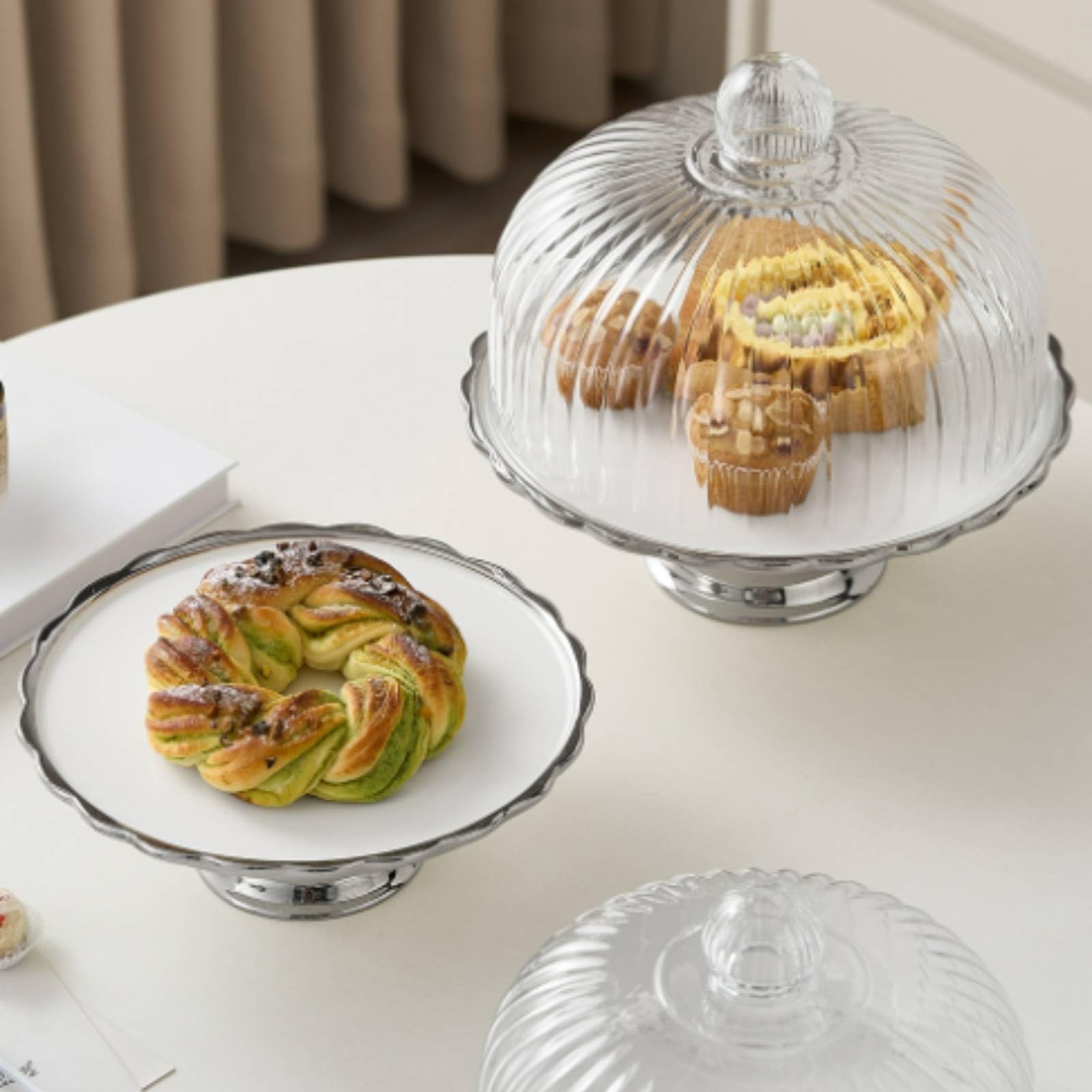 Présentoir à Gâteaux en Céramique Dôme en Verre Rond Support à sserts Dôme Cannelé Cloche à ssert Base pr s, L
