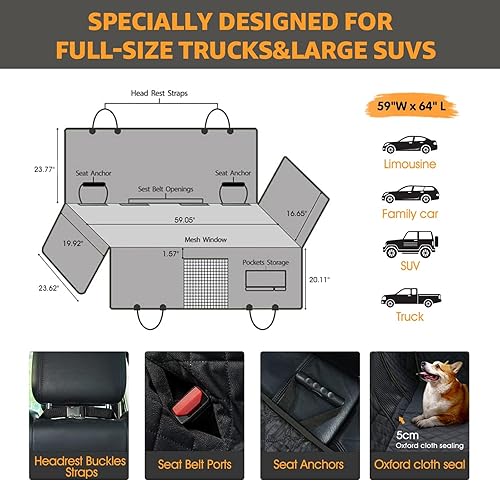 Miniatura 5 de nzonpet Fundas de asiento trasero para perros para camiones, 100% impermeables con ventana de malla grande, hamaca XL antideslizante a prueba de